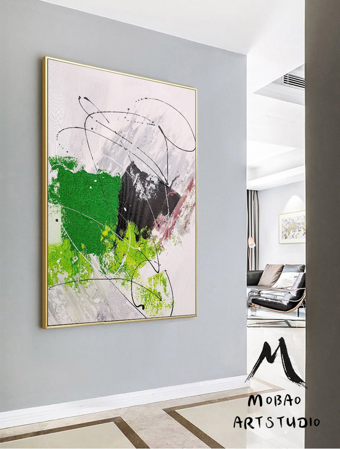 Large Green Abstract Painting Green 3D Textured Painting Black Minimalist Painting White Wall Art Painting Green Wall Art Green Wall Decor