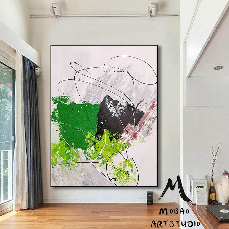 Large Green Abstract Painting Green 3D Textured Painting Black Minimalist Painting White Wall Art Painting Green Wall Art Green Wall Decor