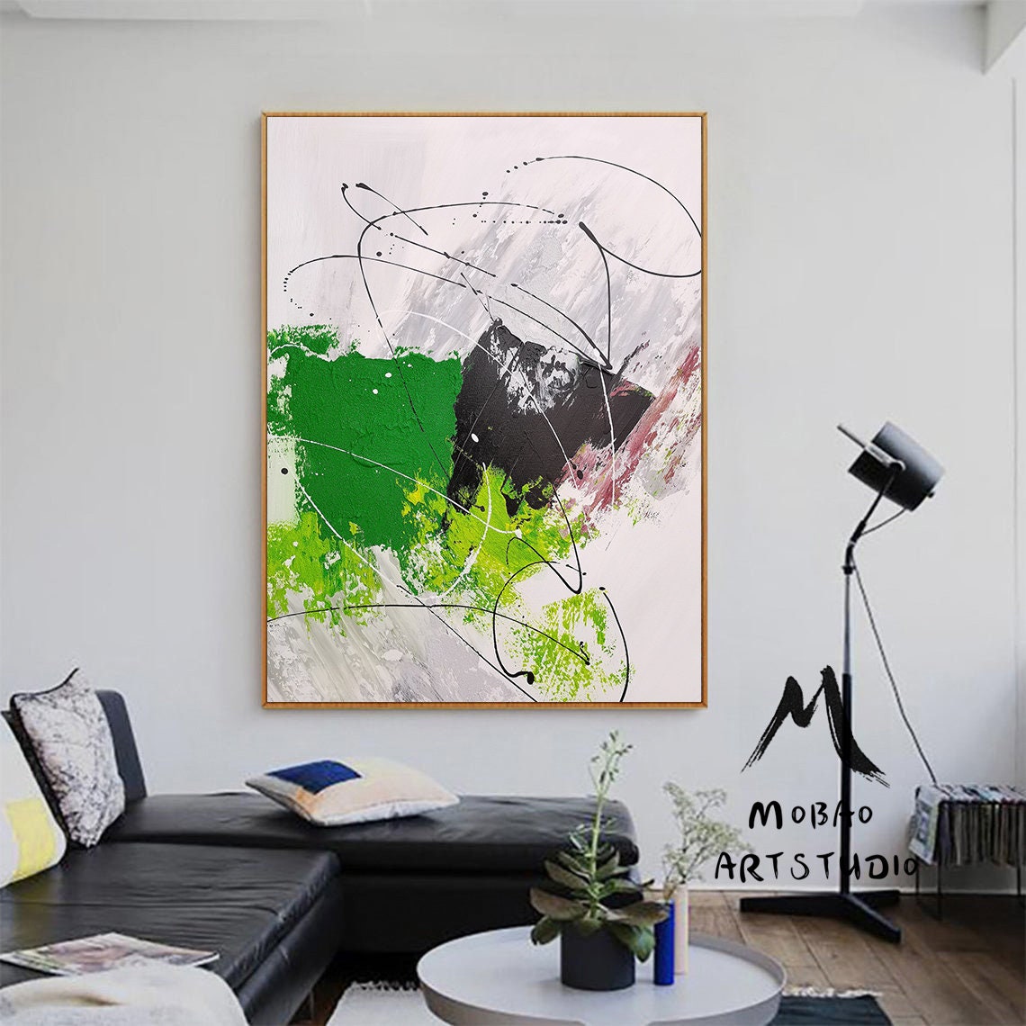 Large Green Abstract Painting Green 3D Textured Painting Black Minimalist Painting White Wall Art Painting Green Wall Art Green Wall Decor