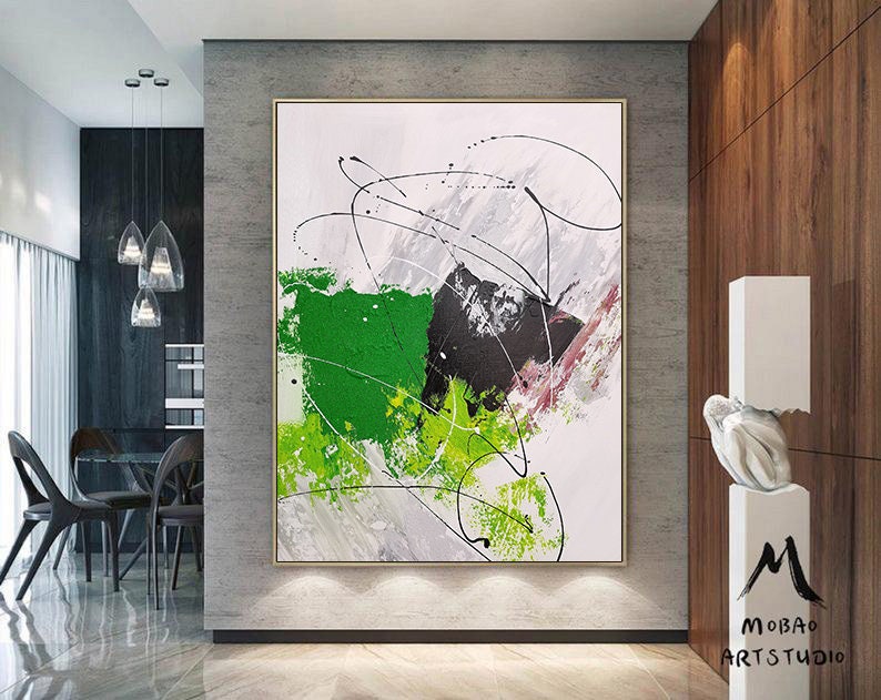 Large Green Abstract Painting Green 3D Textured Painting Black Minimalist Painting White Wall Art Painting Green Wall Art Green Wall Decor