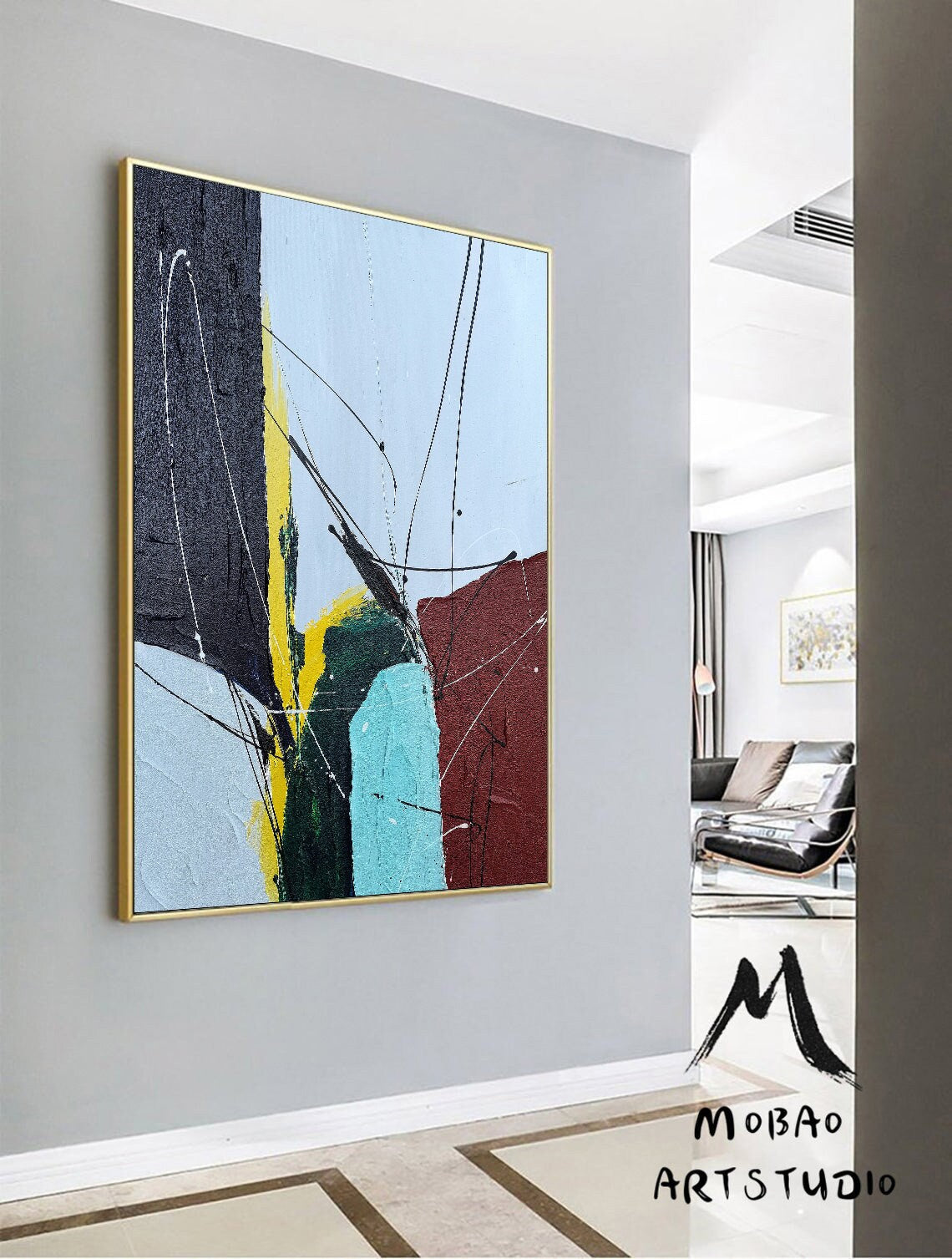Large Green Abstract Painting,Minimalist Abstract Painting,Abstract Painting, Large Wall Canvas Painting,Dark Blue Painting Texture Painting