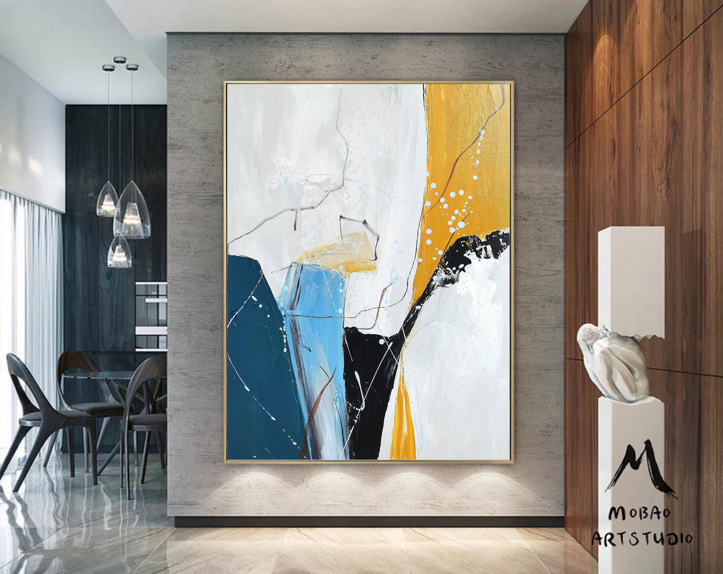 Large Texture Painting White Painting Blue Abstract Minimalist Art Painting, Gold Art Original Abstract Painting,Large Wall Canvas Painting