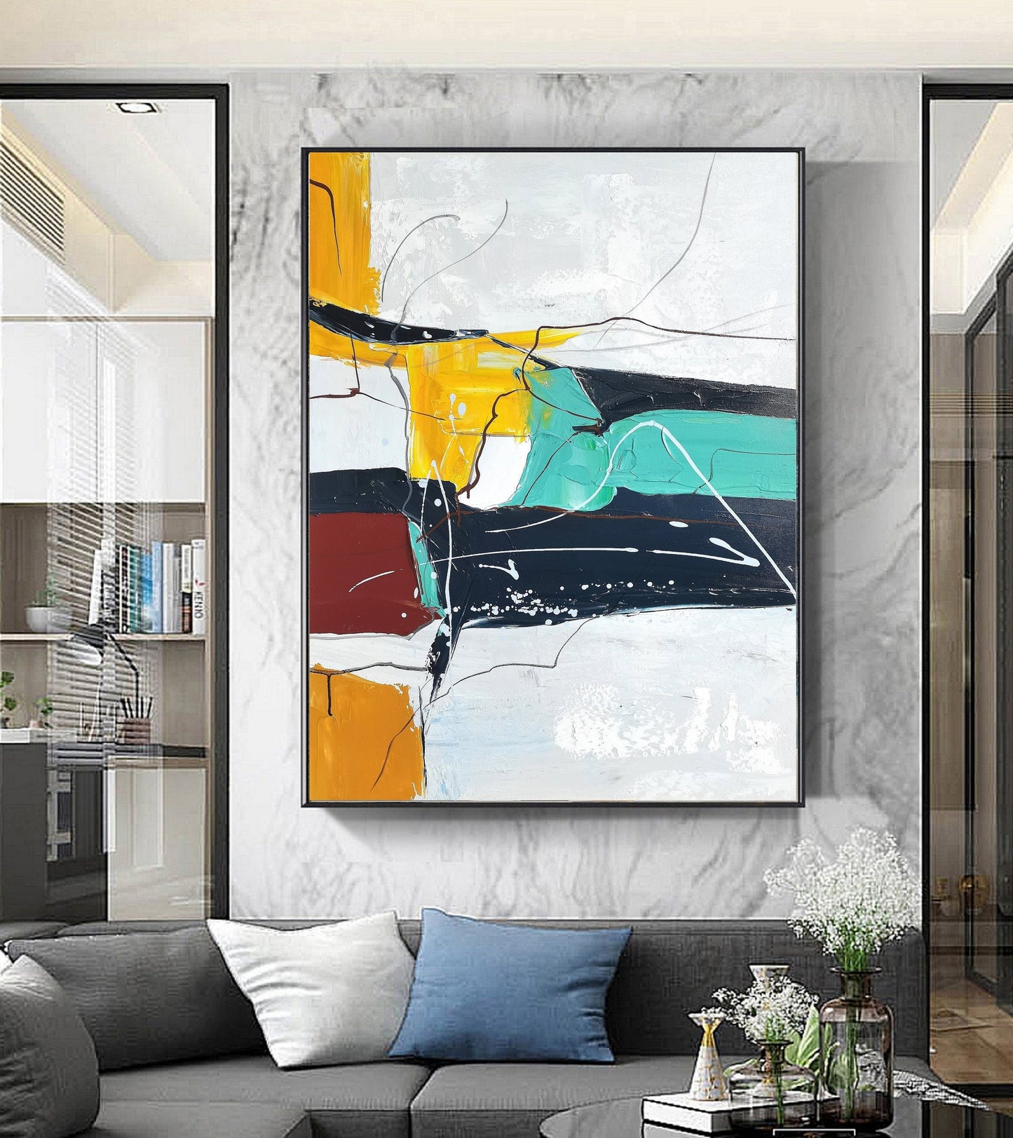 Large Green Painting On Canvas Orange Oil Painting Blue Abstract Minimalist Painting Original Abstract Painting Large Wall Canvas Painting