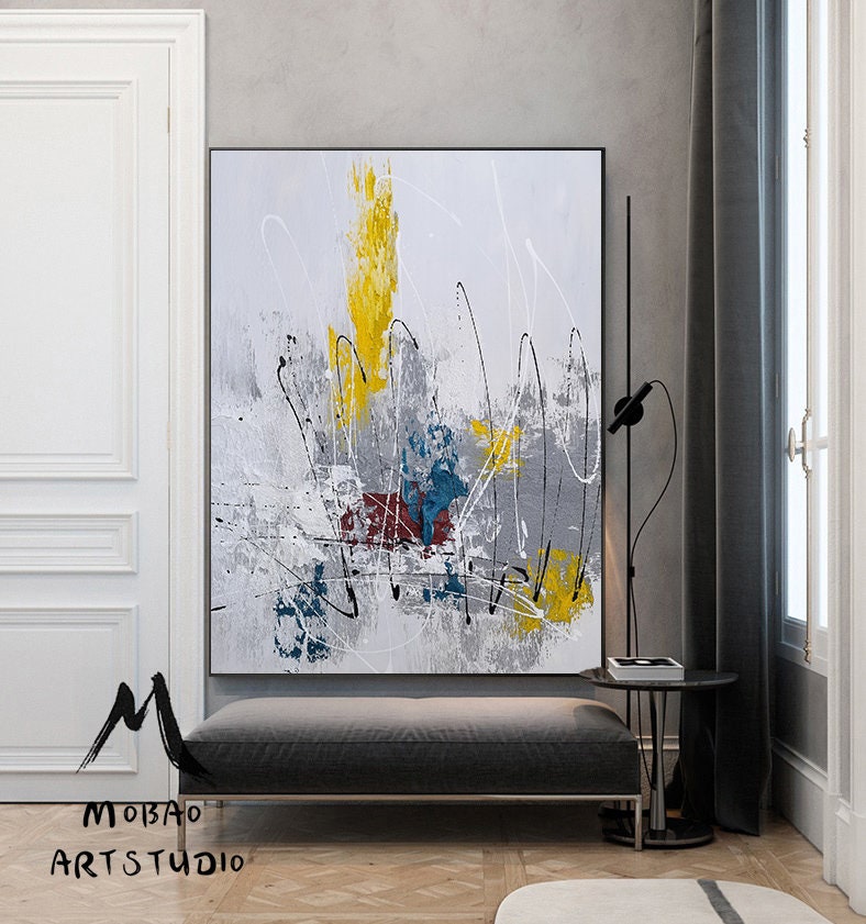 Large Abstract Painting,White Painting Blue Textured Painting, Minimalist Abstract Painting, Abstract Painting, Large Wall Canvas Painting