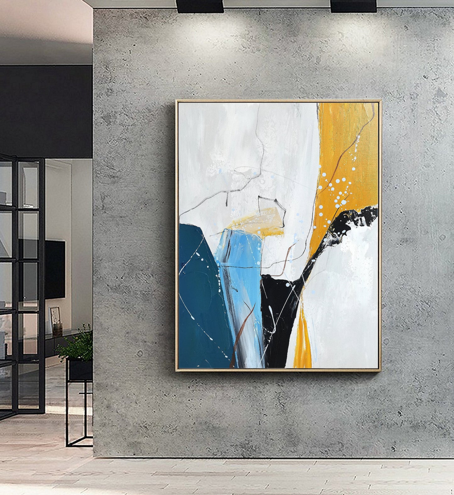 Large Texture Painting White Painting Blue Abstract Minimalist Art Painting, Gold Art Original Abstract Painting,Large Wall Canvas Painting