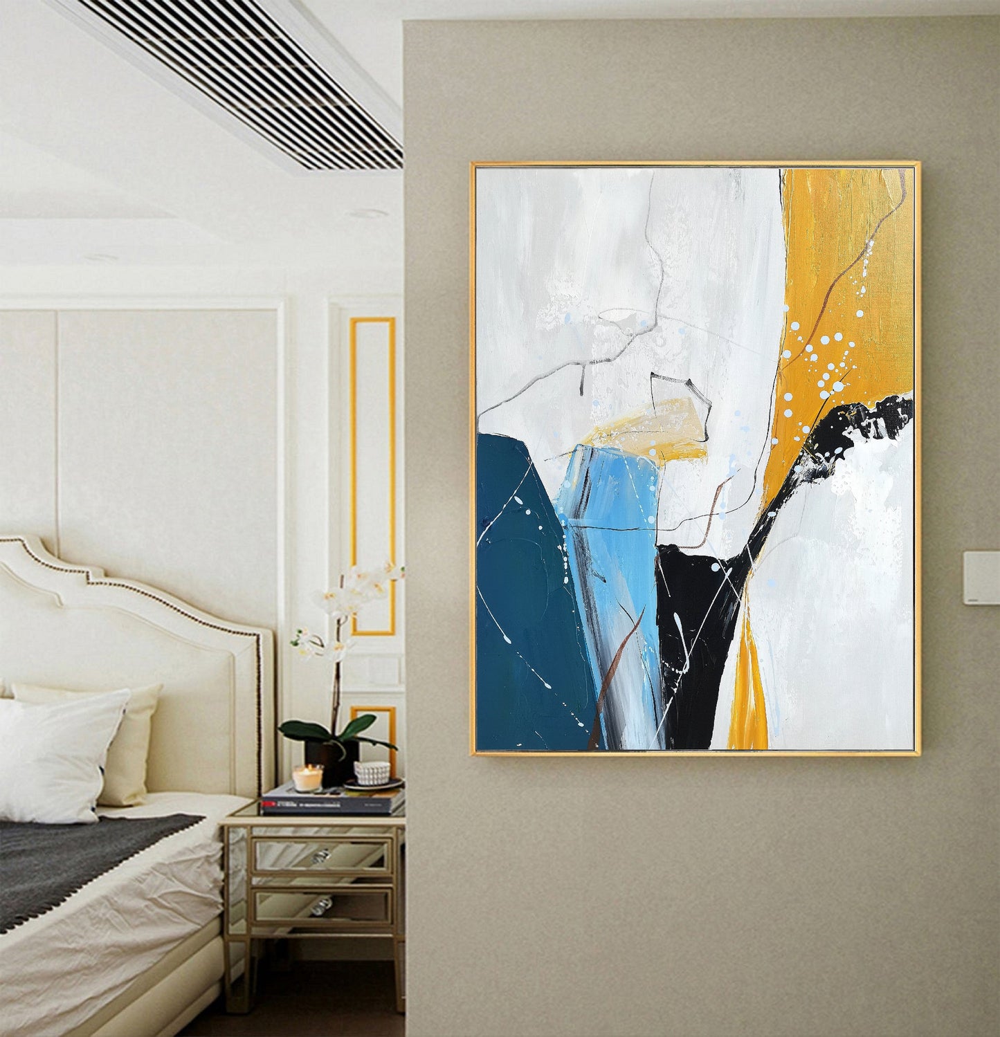 Large Texture Painting White Painting Blue Abstract Minimalist Art Painting, Gold Art Original Abstract Painting,Large Wall Canvas Painting