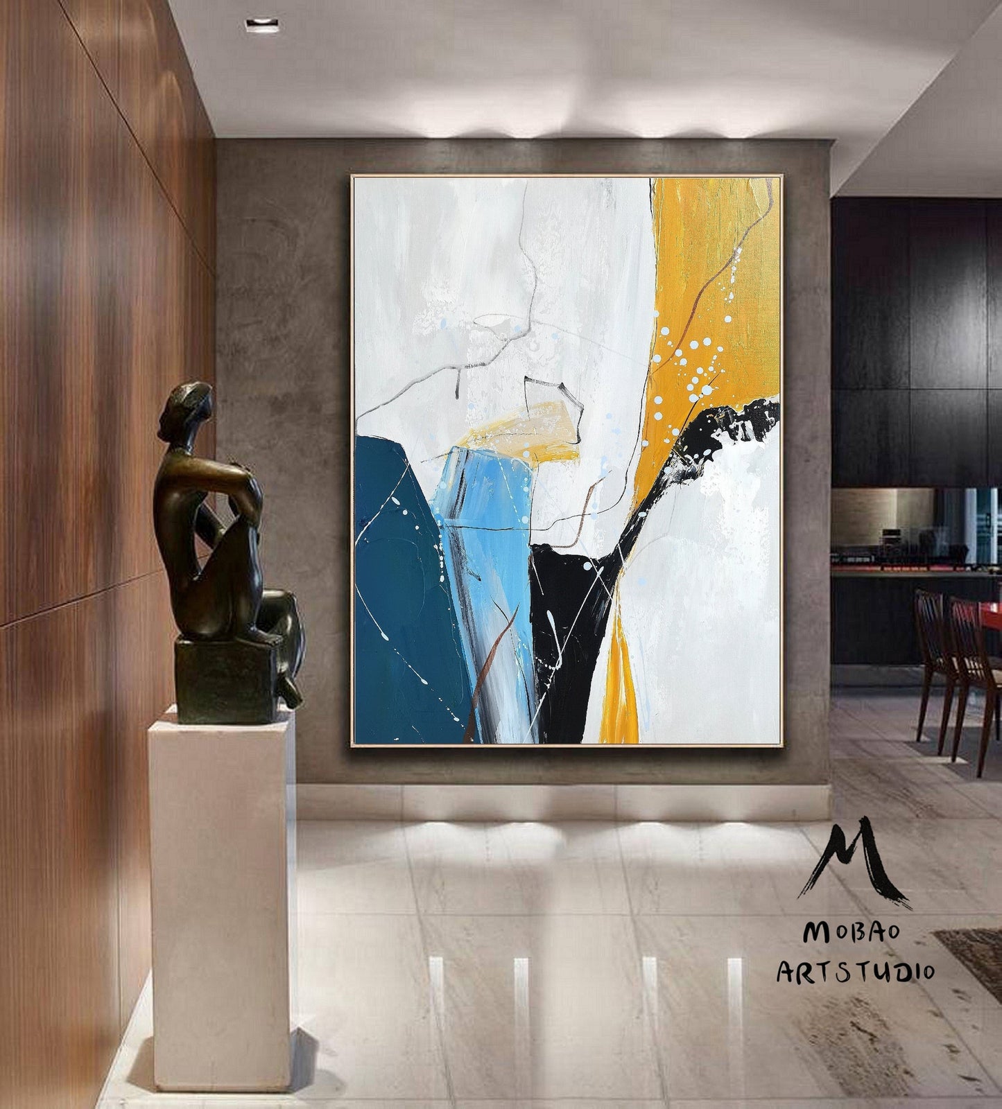Large Texture Painting White Painting Blue Abstract Minimalist Art Painting, Gold Art Original Abstract Painting,Large Wall Canvas Painting