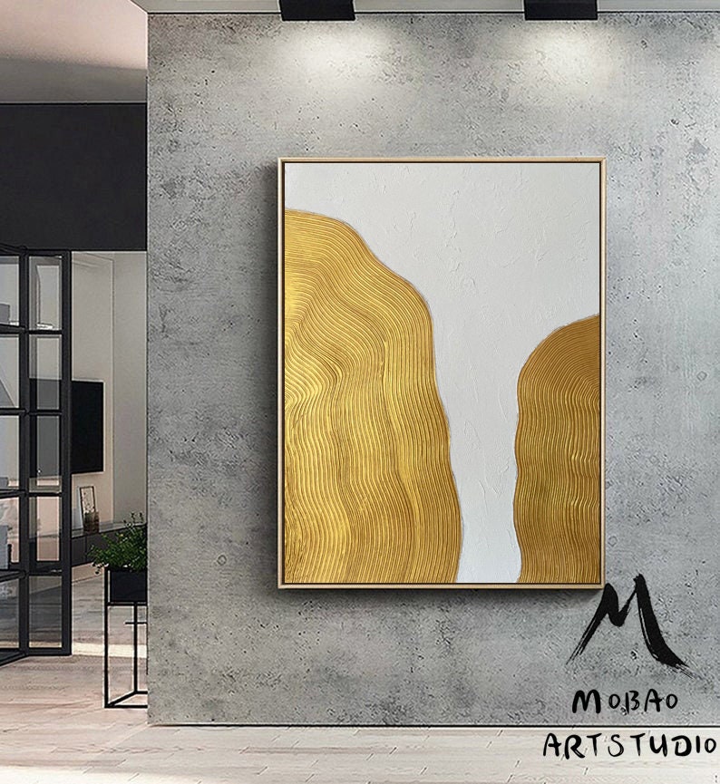 Large 3D Gold Abstract Painting White Minimalist Painting Large White Abstract Painting Gold 3D Textured Painting Modern Abstract Painting