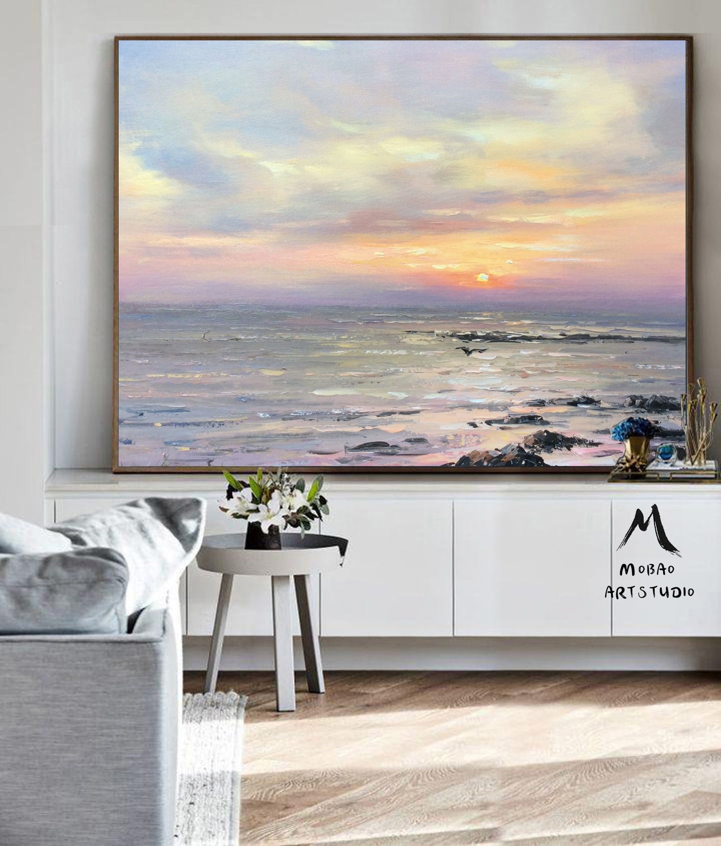 Large Ocean Abstract Painting On Canvas,Original Sky Sunset Landscape Painting,Sea Abstract Oil Painting,Large Living Room Wall Art