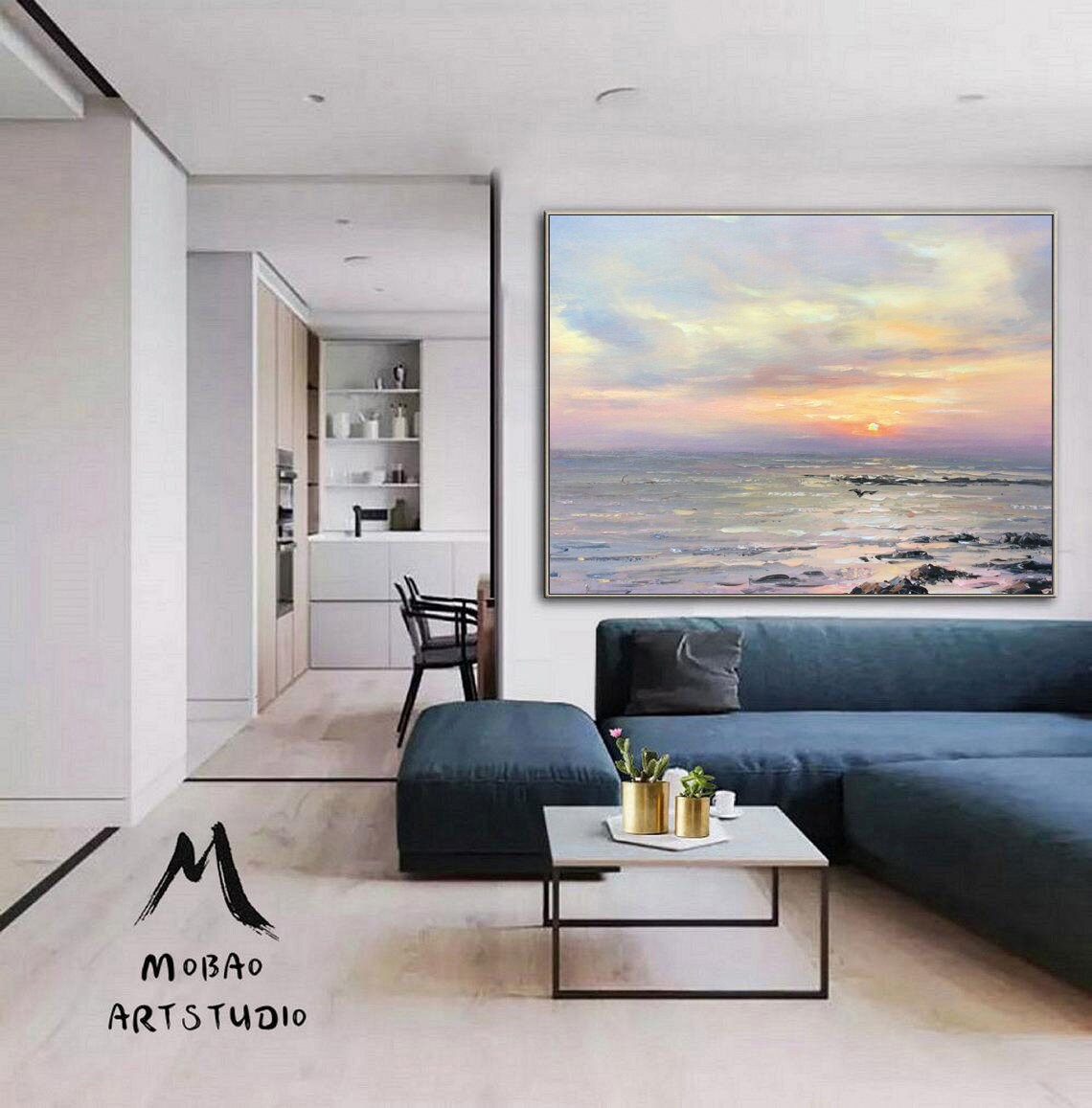 Large Ocean Abstract Painting On Canvas,Original Sky Sunset Landscape Painting,Sea Abstract Oil Painting,Large Living Room Wall Art