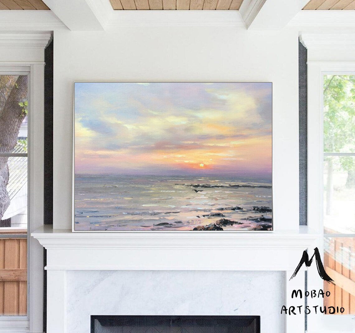 Large Ocean Abstract Painting On Canvas,Original Sky Sunset Landscape Painting,Sea Abstract Oil Painting,Large Living Room Wall Art