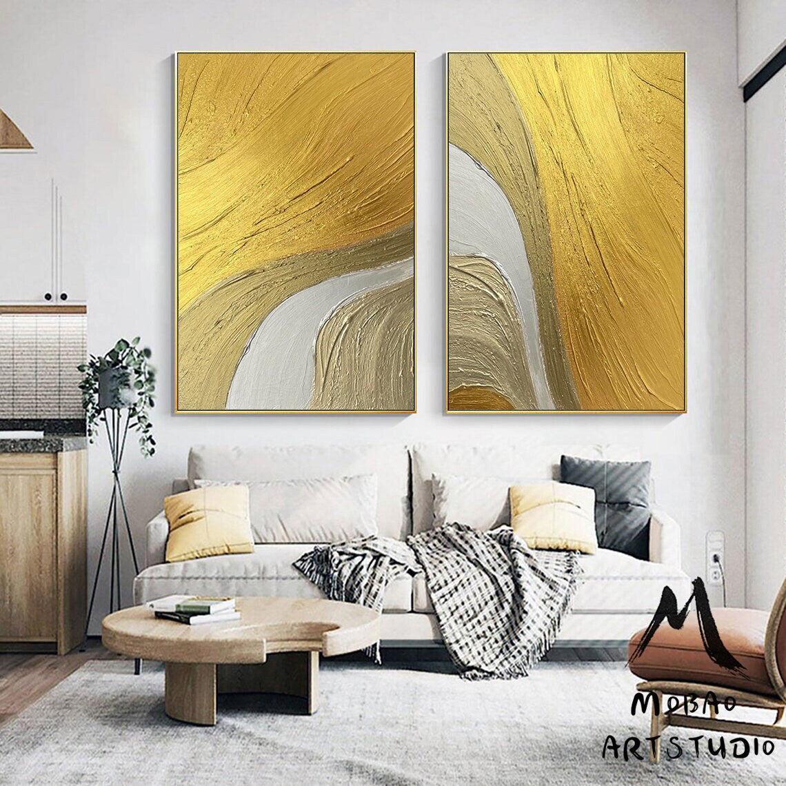 Set of 2 Gold Abstract Painting Gold 3D Textured Painting Gold Textured Wall Art Painting Silver Abstract Painting Set of 2 White Wall Art