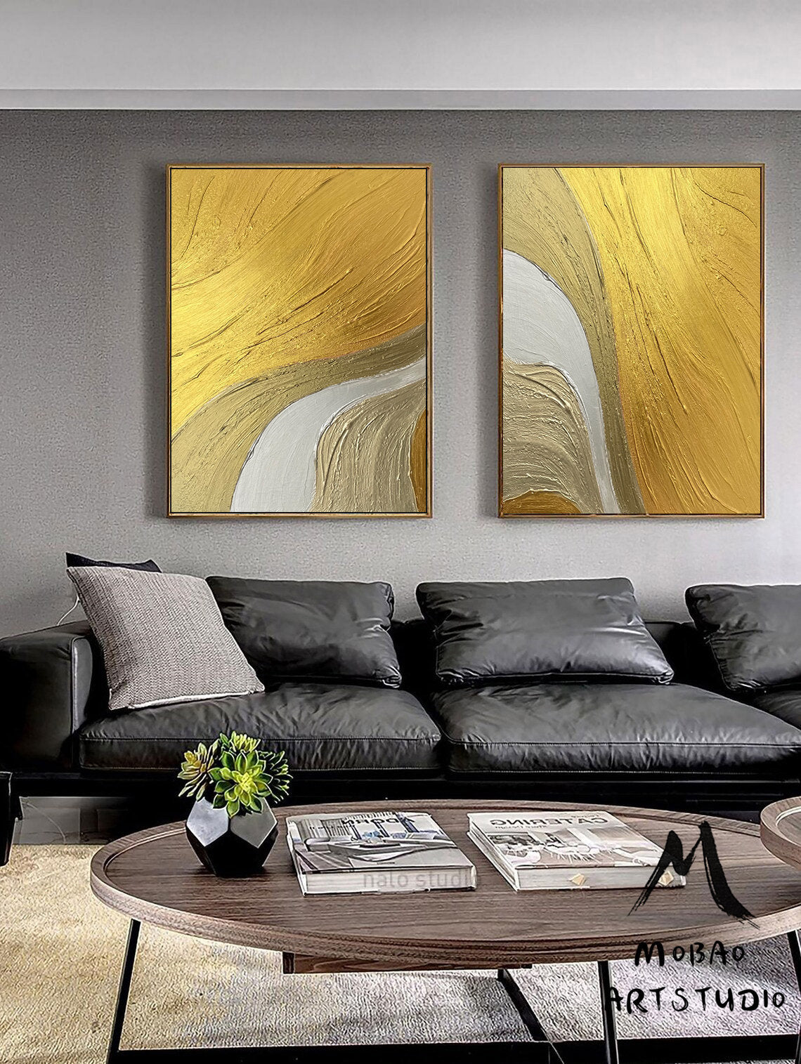 Set of 2 Gold Abstract Painting Gold 3D Textured Painting Gold Textured Wall Art Painting Silver Abstract Painting Set of 2 White Wall Art