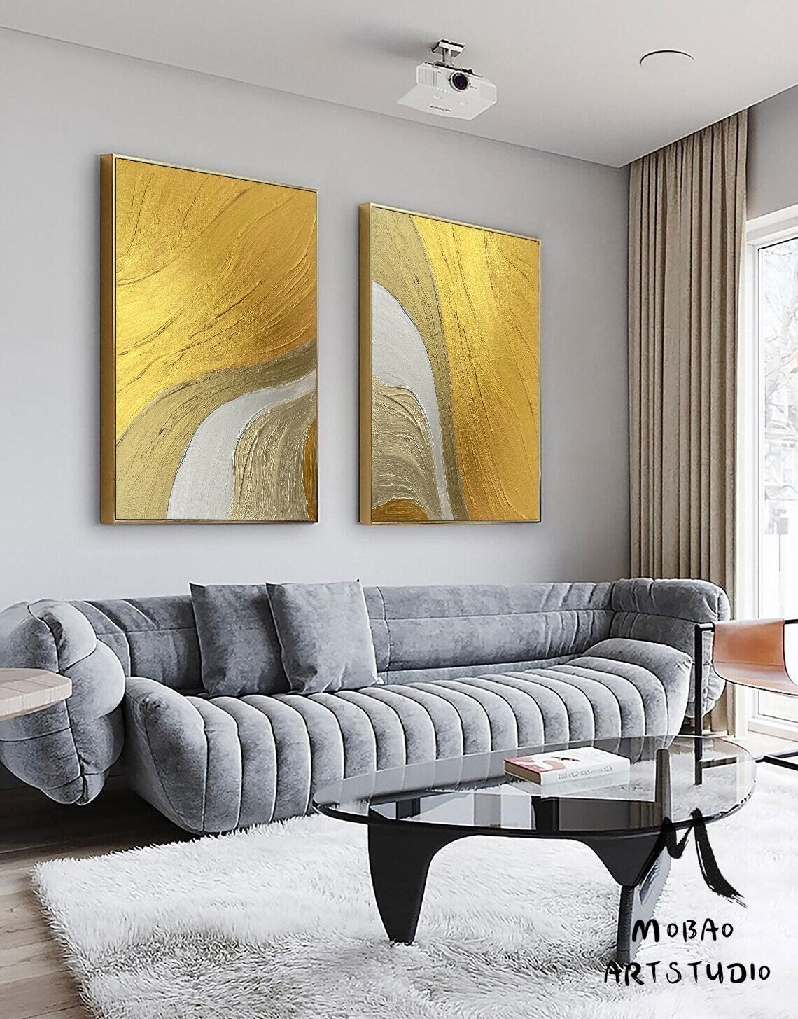 Set of 2 Gold Abstract Painting Gold 3D Textured Painting Gold Textured Wall Art Painting Silver Abstract Painting Set of 2 White Wall Art