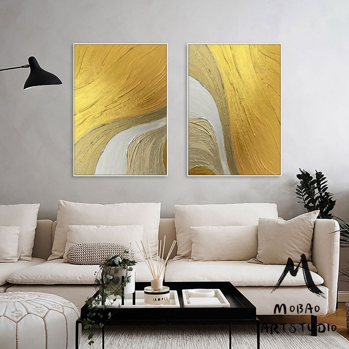 Set of 2 Gold Abstract Painting Gold 3D Textured Painting Gold Textured Wall Art Painting Silver Abstract Painting Set of 2 White Wall Art
