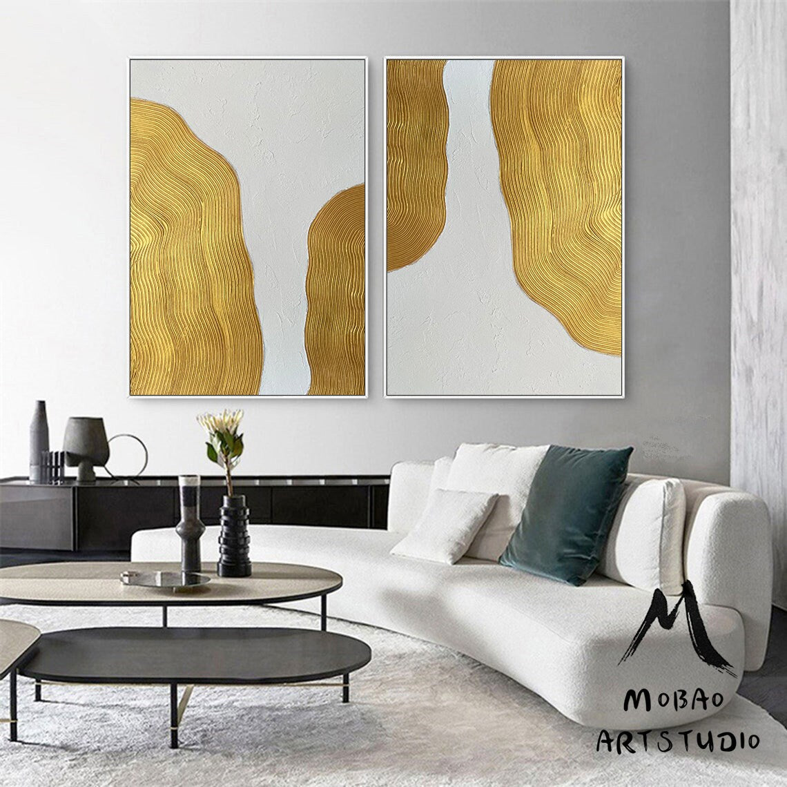 Gold Abstract Painting White 3D Textured Painting Set of 2 White Abstract Painting Set of 2 White Wall Art Gold Textured Wall Art