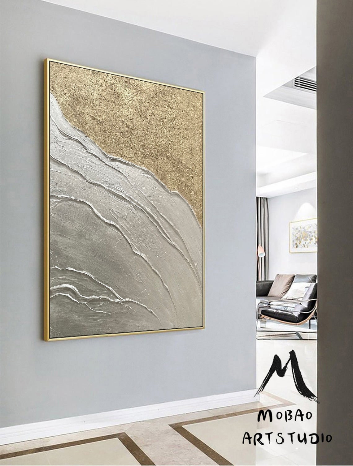 Large Abstract Painting, Silver 3D Textured Abstract Painting,Original Gold Minimalist Painting, Large Wall Canvas Painting Sofa Wall Art