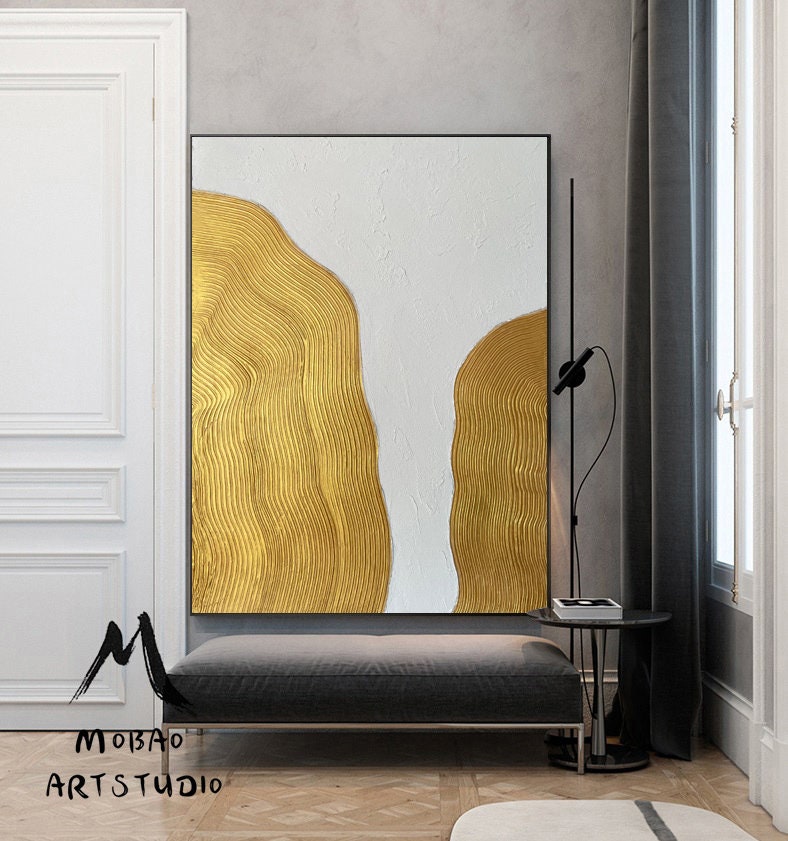 Large 3D Gold Abstract Painting White Minimalist Painting Large White Abstract Painting Gold 3D Textured Painting Modern Abstract Painting