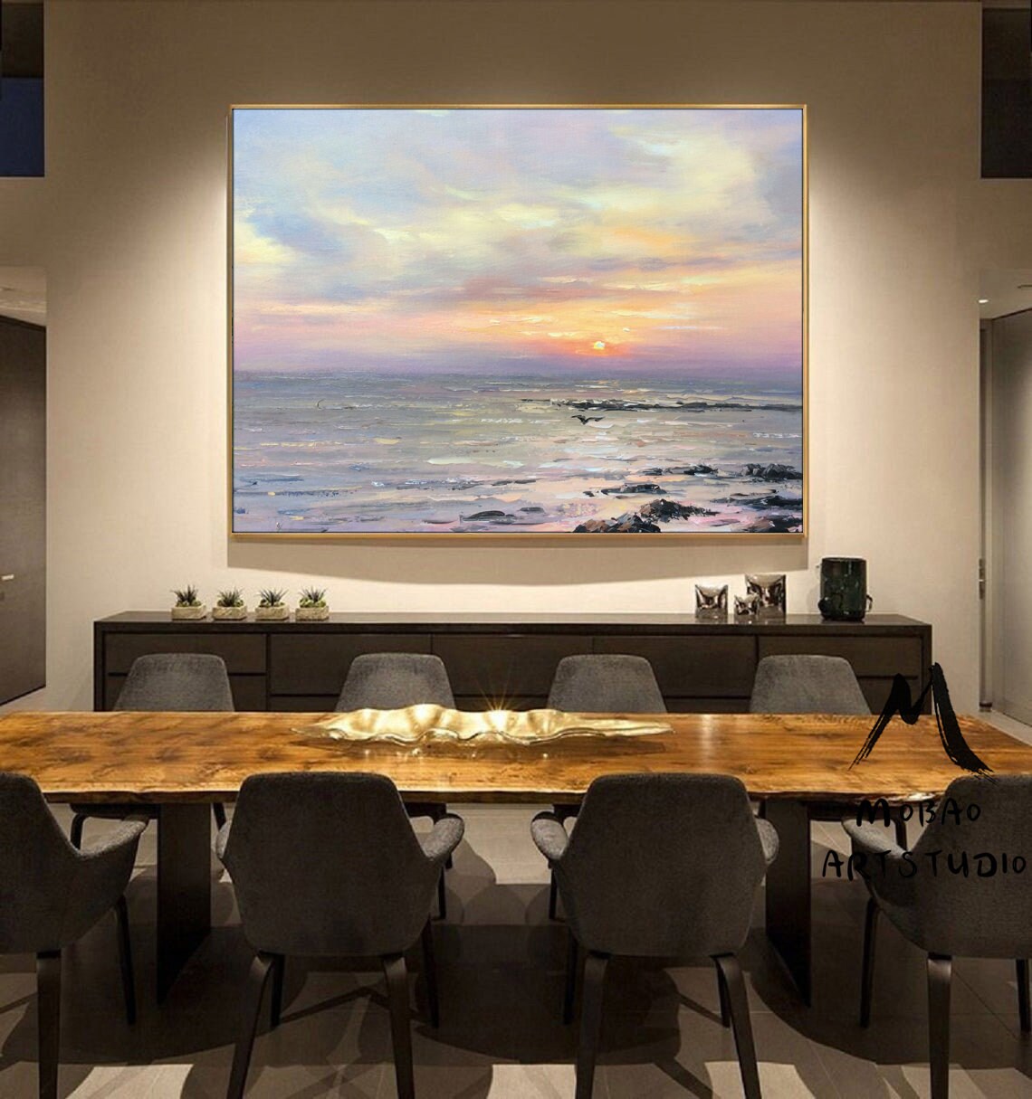 Large Ocean Abstract Painting On Canvas,Original Sky Sunset Landscape Painting,Sea Abstract Oil Painting,Large Living Room Wall Art