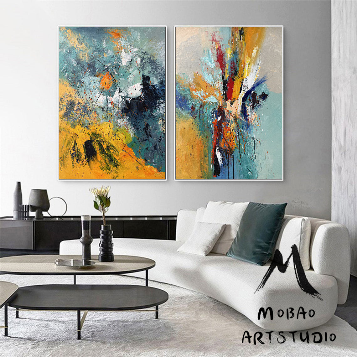 Original Green Abstract Painting Yellow Minimalist Painting Large Abstract Painting Set of 2 Wall Art Set Yellow Minimalist Art Oil Painting