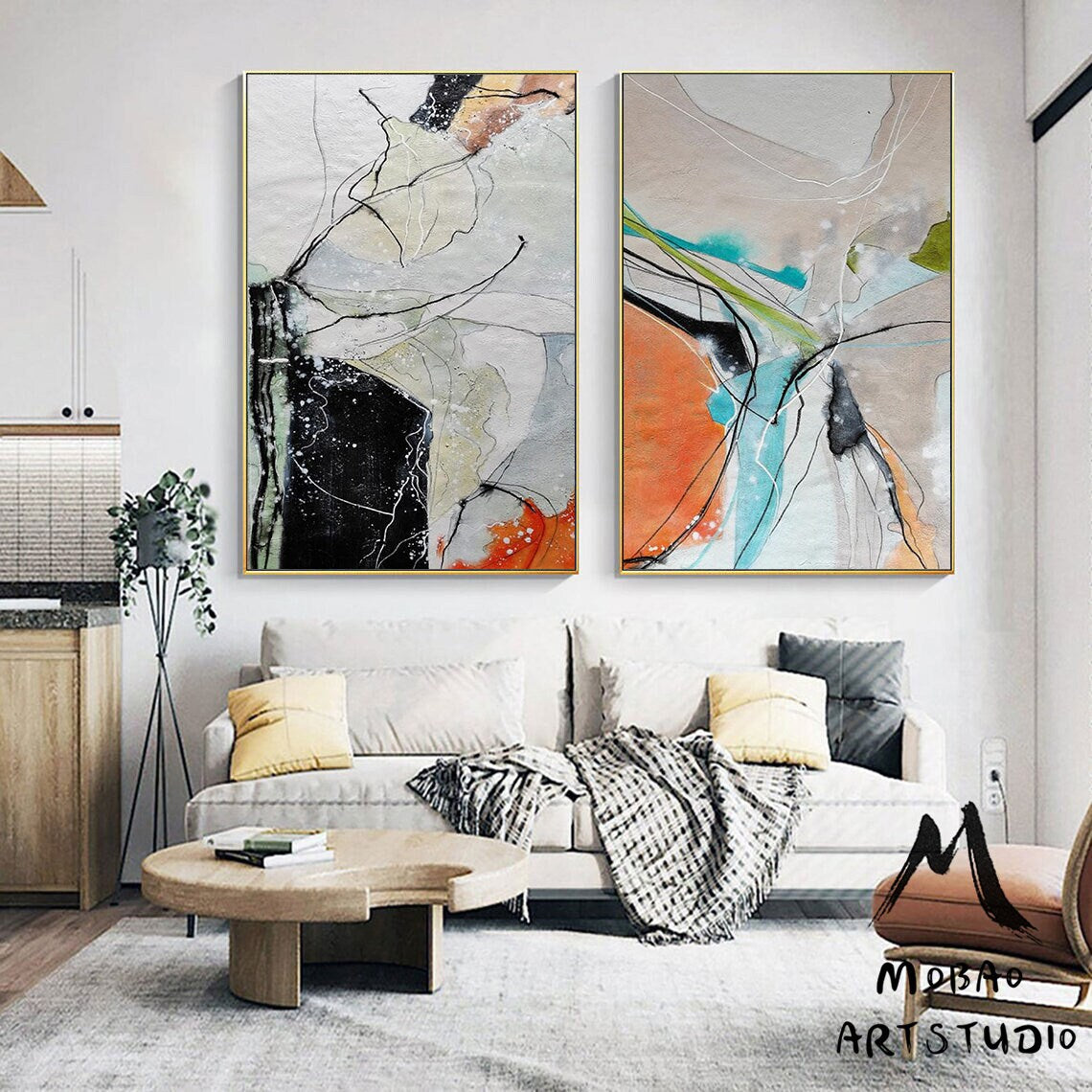 Large White Abstract Painting,Brown Painting Gray Painting, Minimalist Abstract Painting, Abstract Painting,Painting Set of 2 Wall Art Set