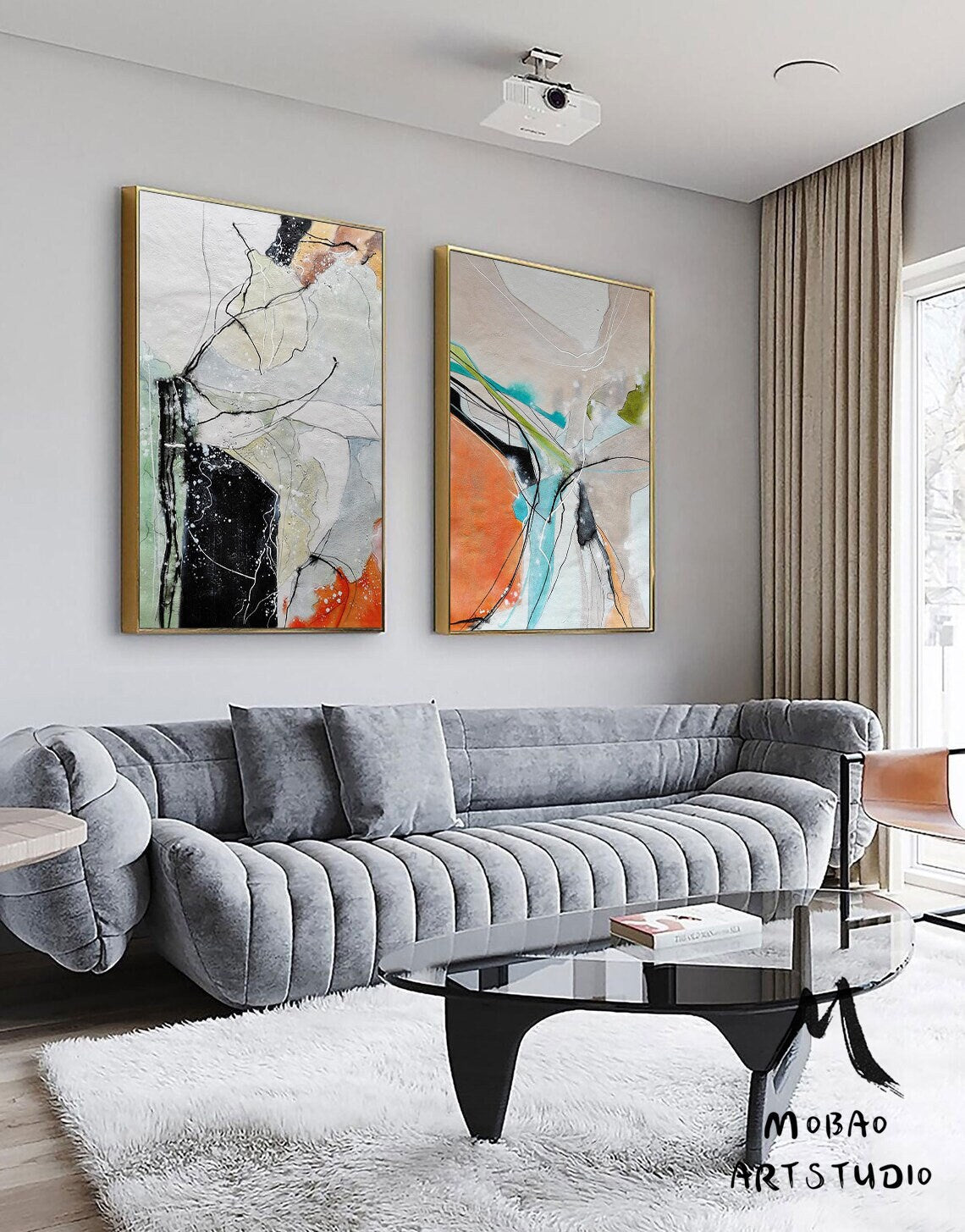 Large White Abstract Painting,Brown Painting Gray Painting, Minimalist Abstract Painting, Abstract Painting,Painting Set of 2 Wall Art Set