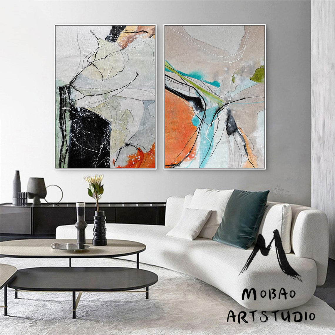 Large White Abstract Painting,Brown Painting Gray Painting, Minimalist Abstract Painting, Abstract Painting,Painting Set of 2 Wall Art Set