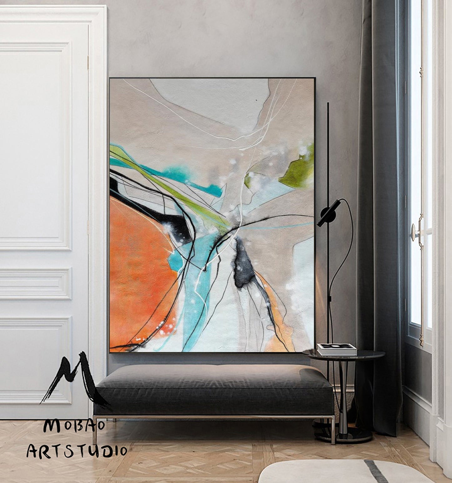 Large Original Abstract Painting,Orange Painting Beige Painting,Blue Minimalist Abstract Painting,Abstract Painting,Large Canvas Painting