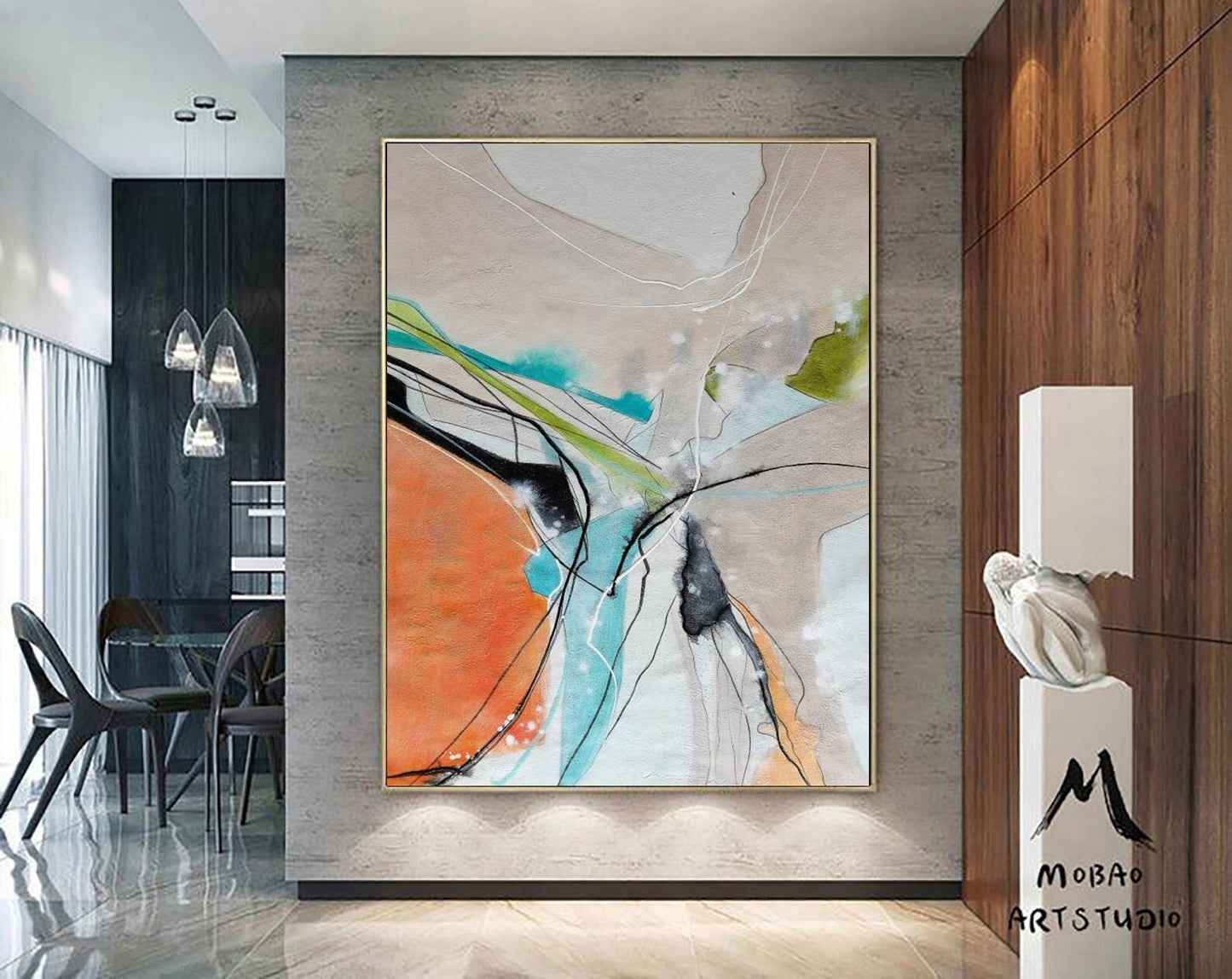 Large Original Abstract Painting,Orange Painting Beige Painting,Blue Minimalist Abstract Painting,Abstract Painting,Large Canvas Painting