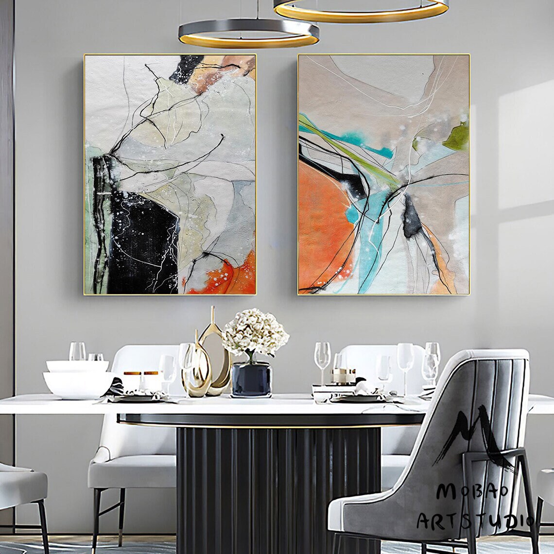 Large White Abstract Painting,Brown Painting Gray Painting, Minimalist Abstract Painting, Abstract Painting,Painting Set of 2 Wall Art Set
