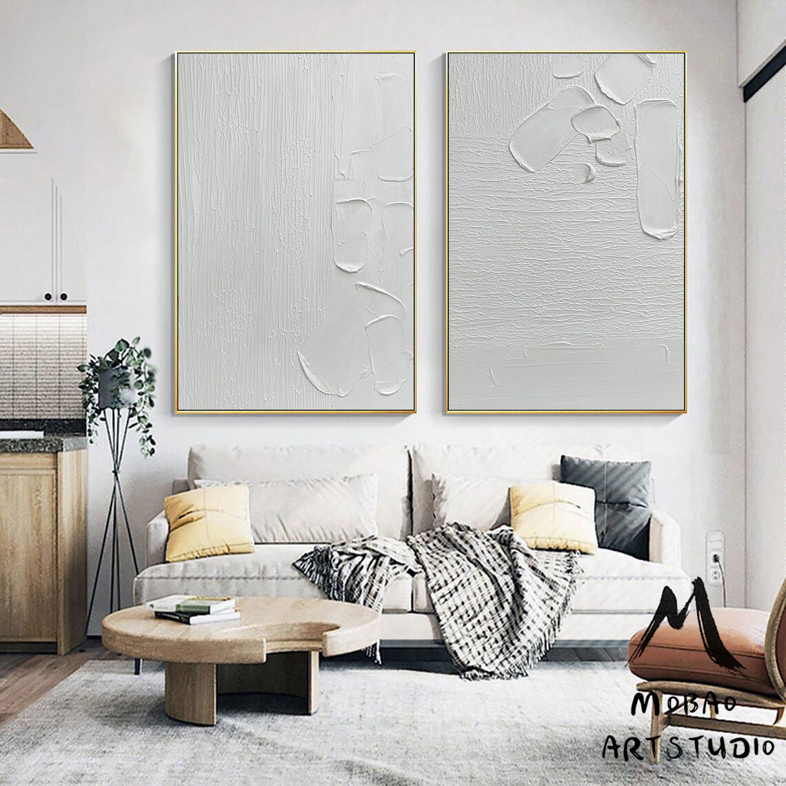 White 3D Textured Painting,White Abstract Painting,Set of 2 White Abstract Painting,White Textured Wall Art Painting,Set of 2 White Wall Art