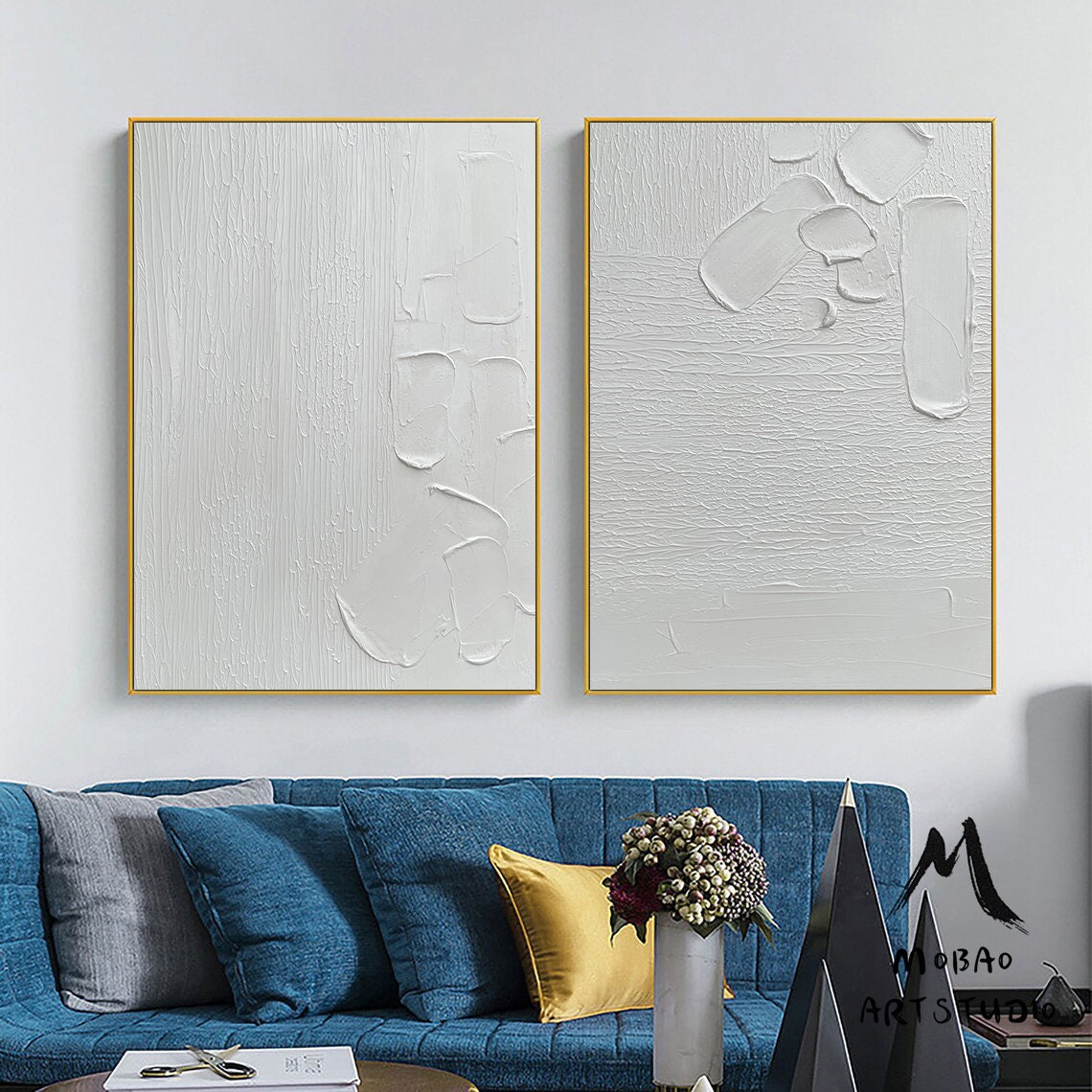 White 3D Textured Painting,White Abstract Painting,Set of 2 White Abstract Painting,White Textured Wall Art Painting,Set of 2 White Wall Art