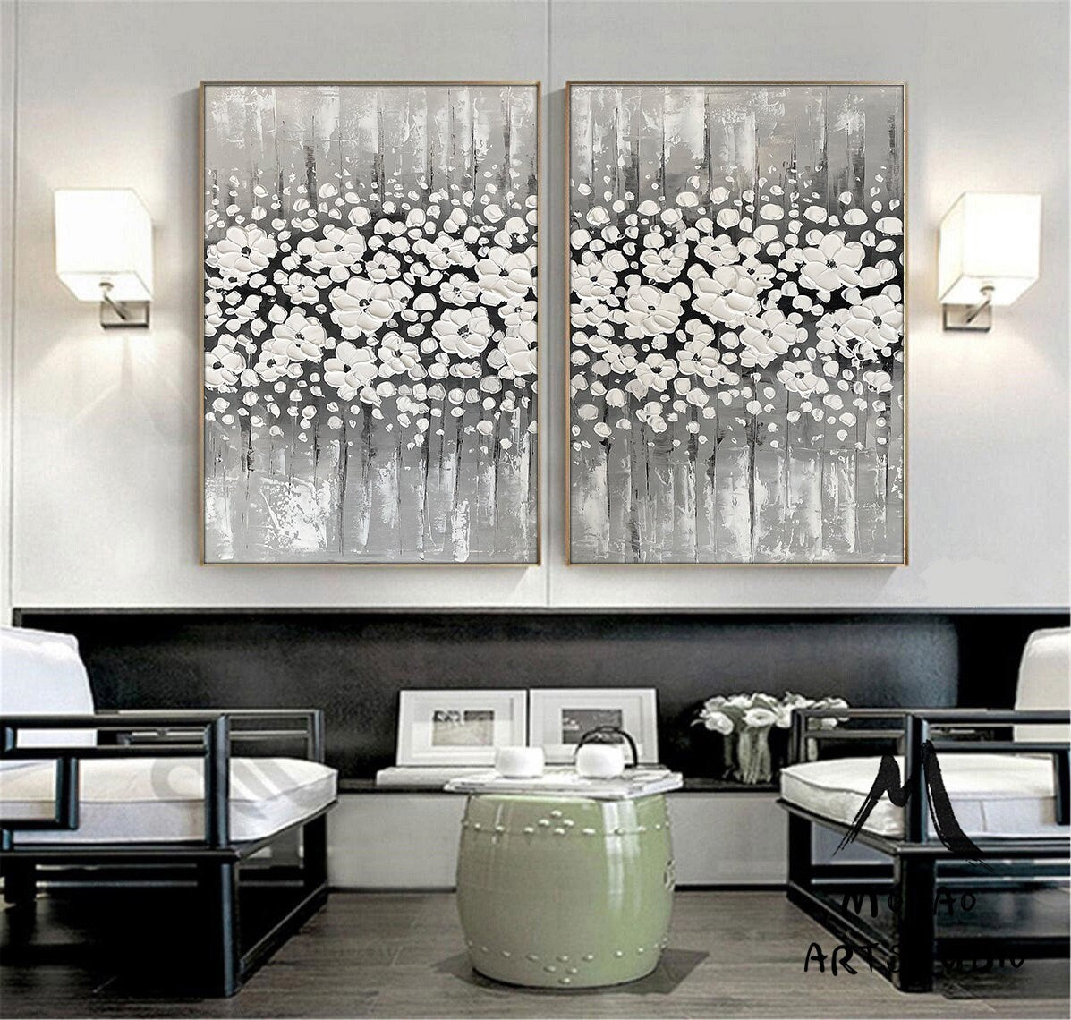 Original White Cherry Flower, 3D Oil Painting Flower On Canvas, Large Wall Art, Palette Knife Painting, 3D Textured Painting,Handmade Art