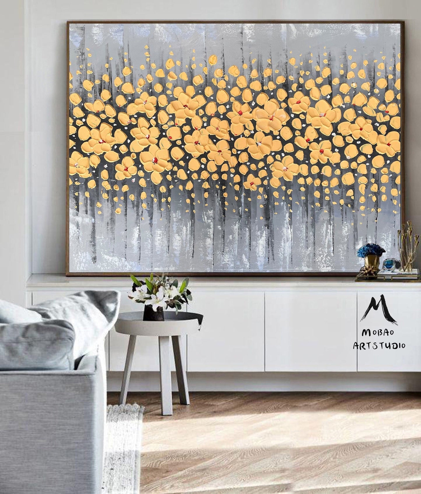 Original Yellow Cherry Flower, Yellow Textured Art Painting,Flower Painting On Canvas, Large Wall Art,Large Textured Painting, Handmade Art