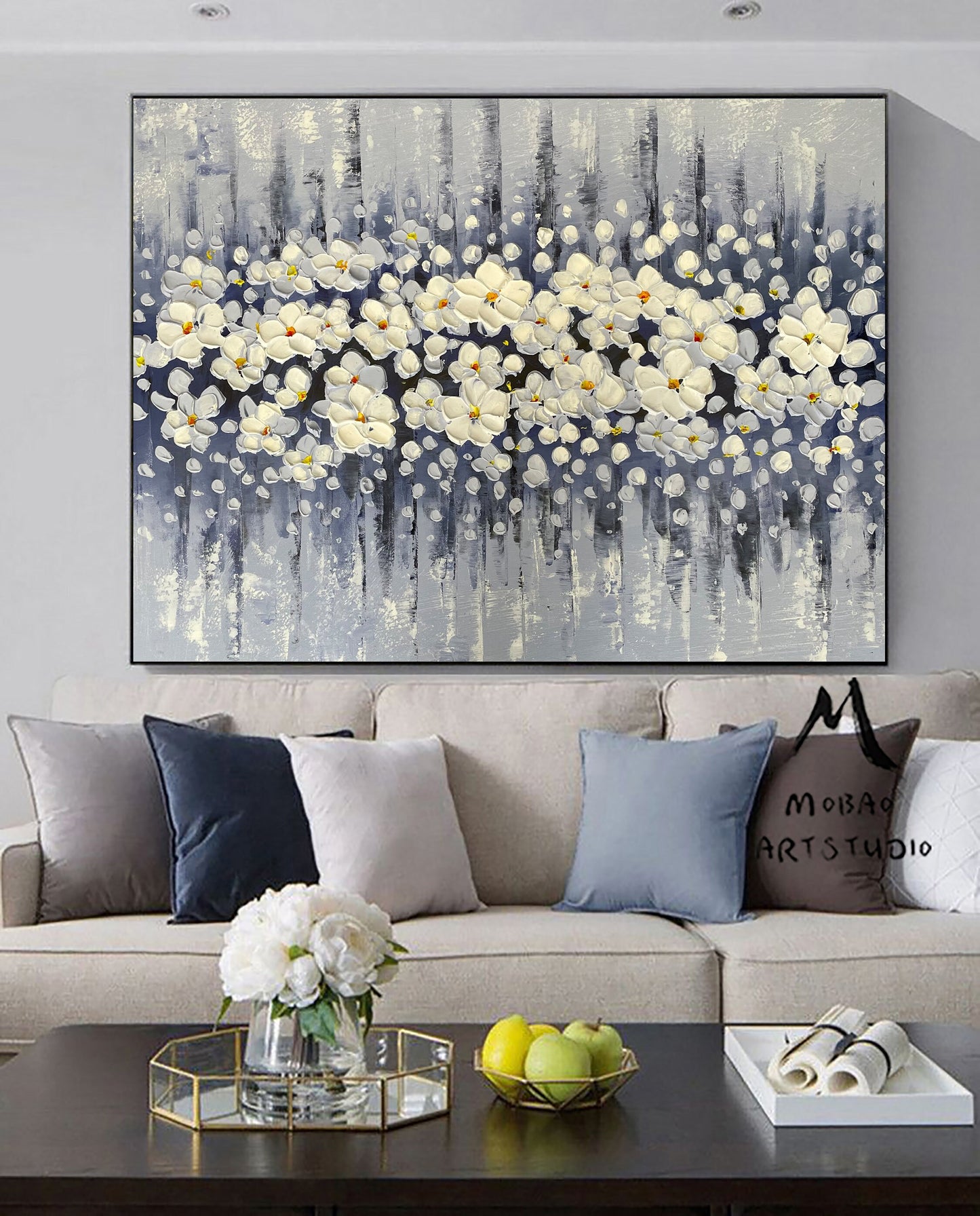 Original White Cherry Flower, Large Wall Art, Palette Knife Painting, Beige Textured Art Painting,Flower Painting On Canvas, Handmade Art