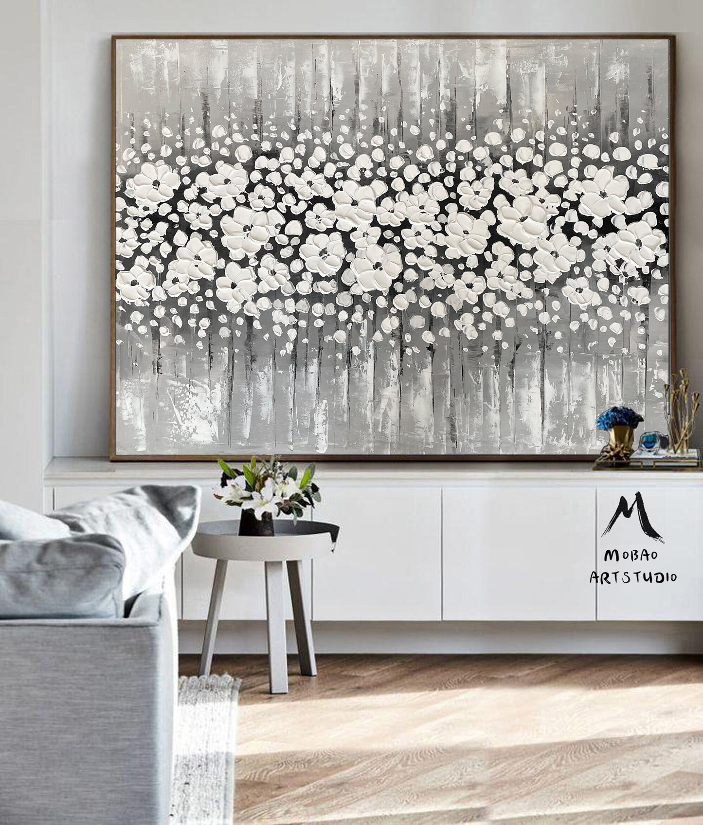 Original White Cherry Flower, White 3D Textured Art Painting,Flower Painting On Canvas,Large Wall Art,Large Textured Painting, Handmade Art