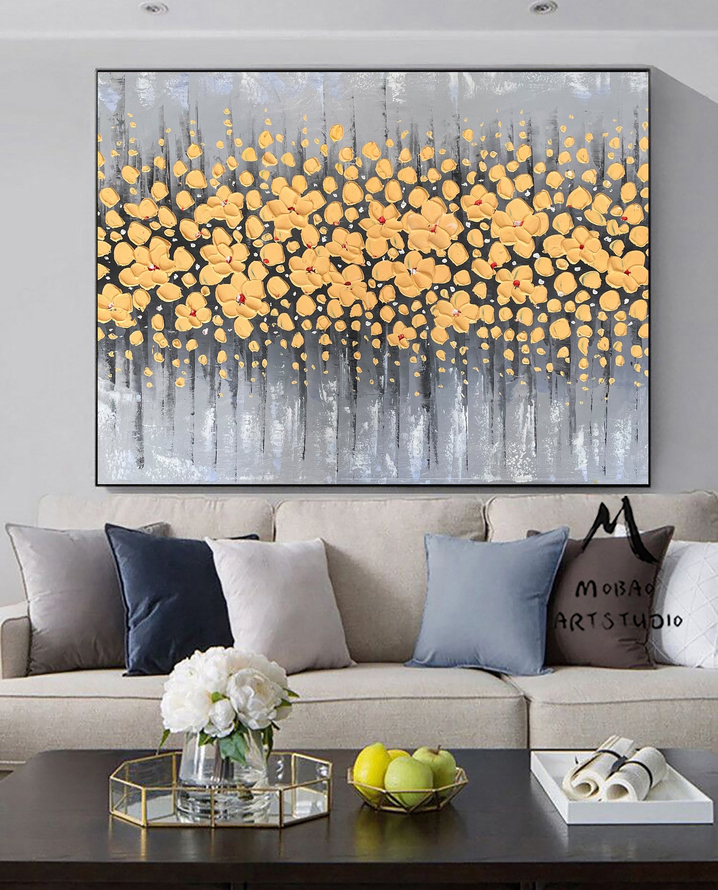 Original Yellow Cherry Flower, Yellow Textured Art Painting,Flower Painting On Canvas, Large Wall Art,Large Textured Painting, Handmade Art
