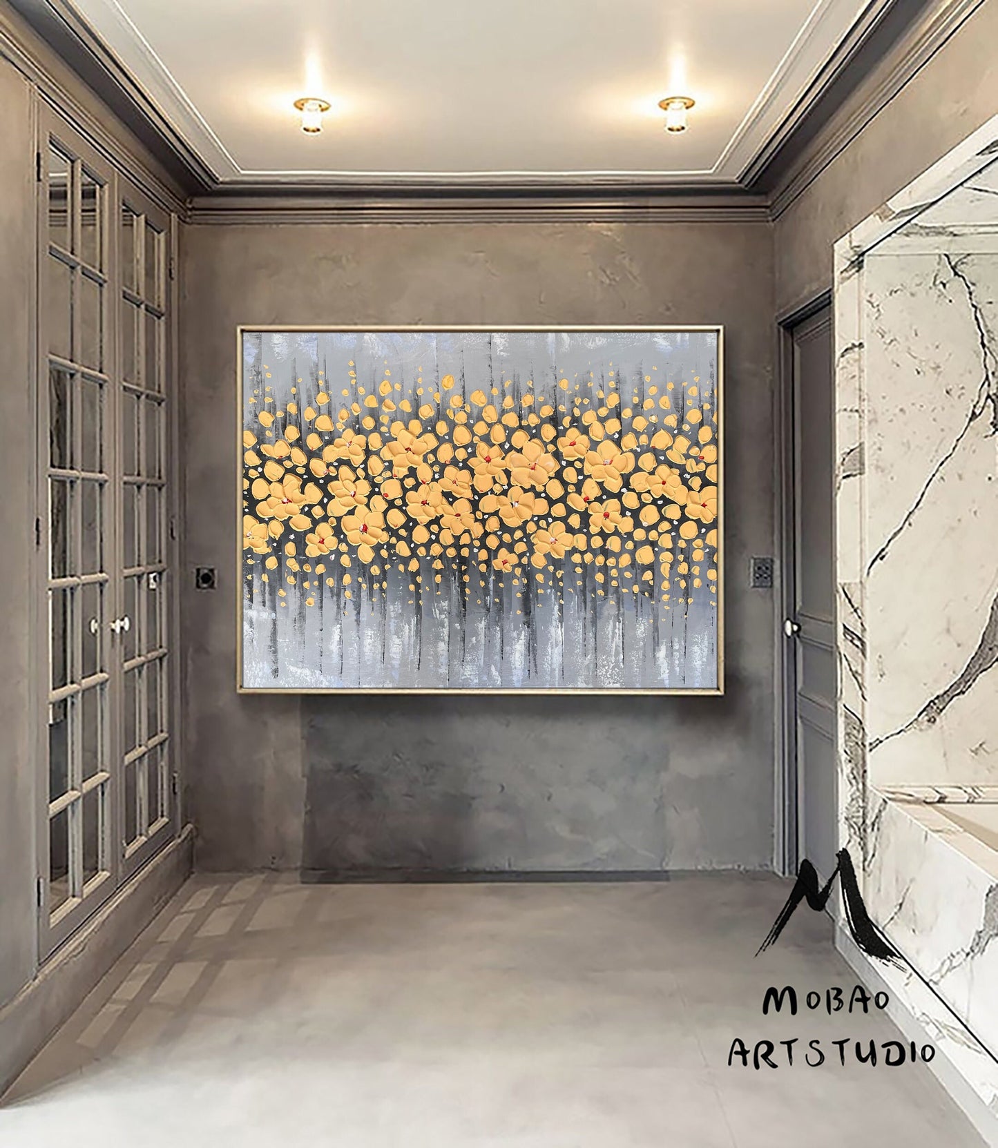 Original Yellow Cherry Flower, Yellow Textured Art Painting,Flower Painting On Canvas, Large Wall Art,Large Textured Painting, Handmade Art