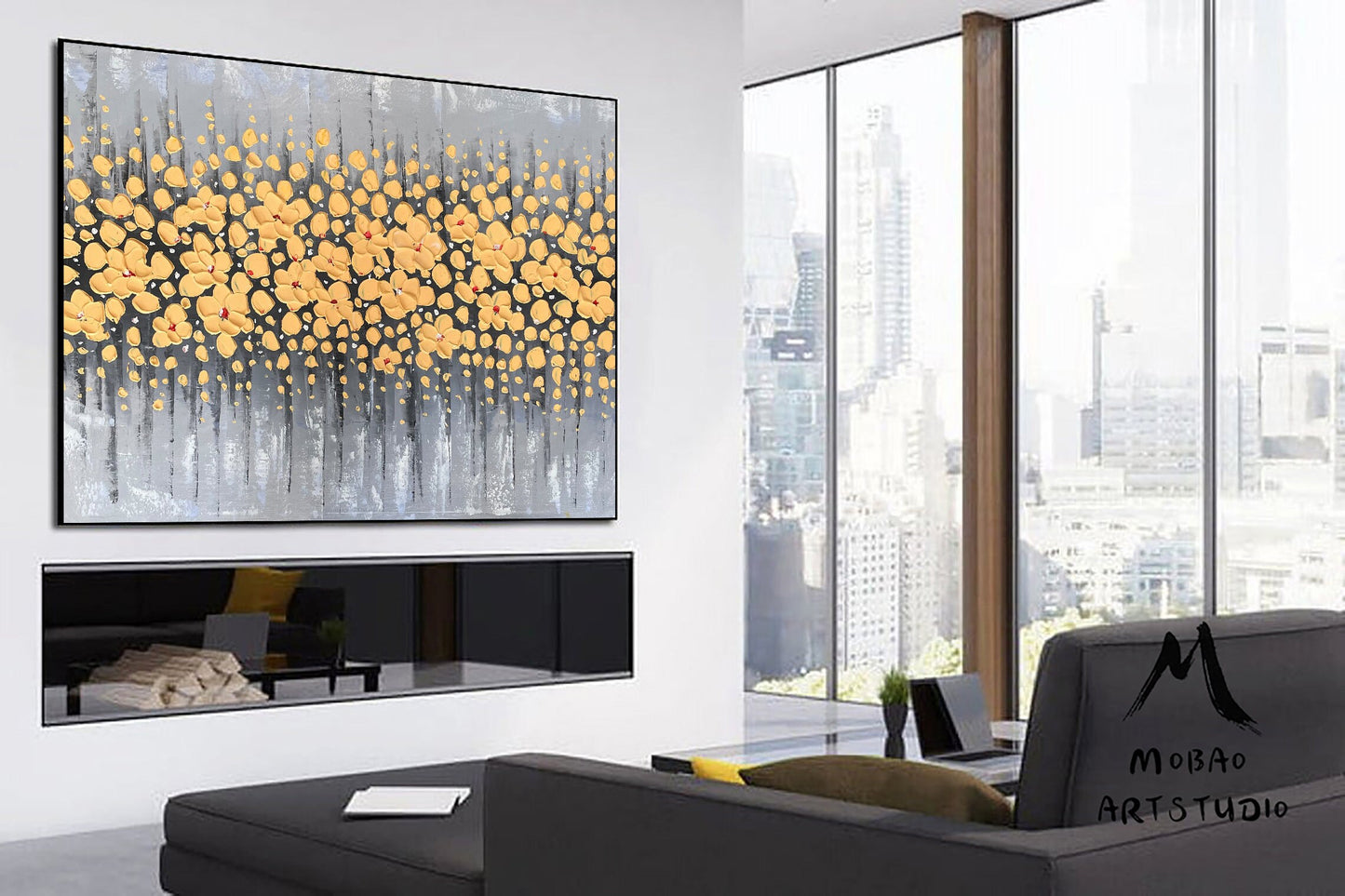 Original Yellow Cherry Flower, Yellow Textured Art Painting,Flower Painting On Canvas, Large Wall Art,Large Textured Painting, Handmade Art