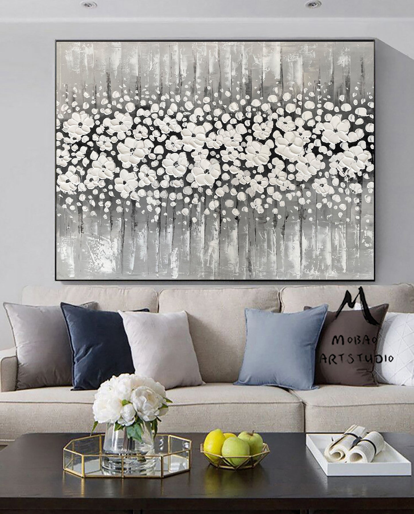 Original White Cherry Flower, White 3D Textured Art Painting,Flower Painting On Canvas,Large Wall Art,Large Textured Painting, Handmade Art