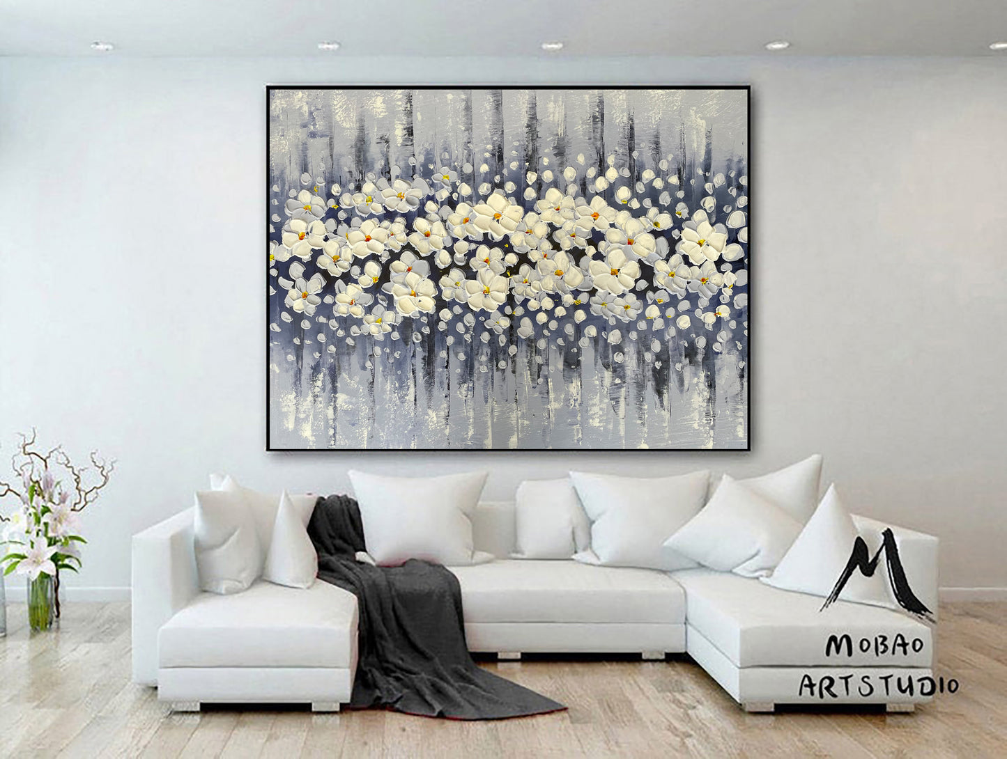 Original White Cherry Flower, Large Wall Art, Palette Knife Painting, Beige Textured Art Painting,Flower Painting On Canvas, Handmade Art