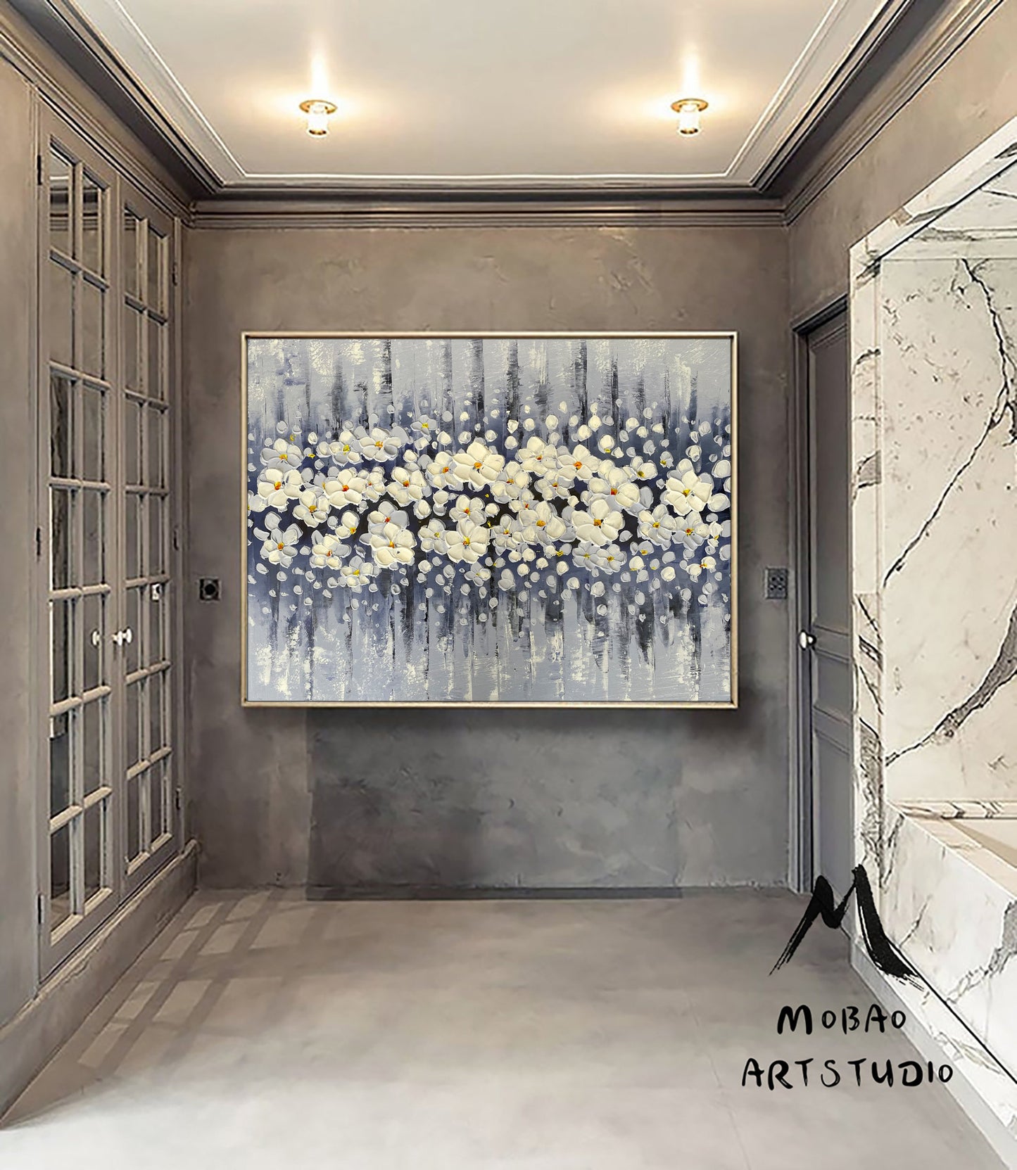 Original White Cherry Flower, Large Wall Art, Palette Knife Painting, Beige Textured Art Painting,Flower Painting On Canvas, Handmade Art