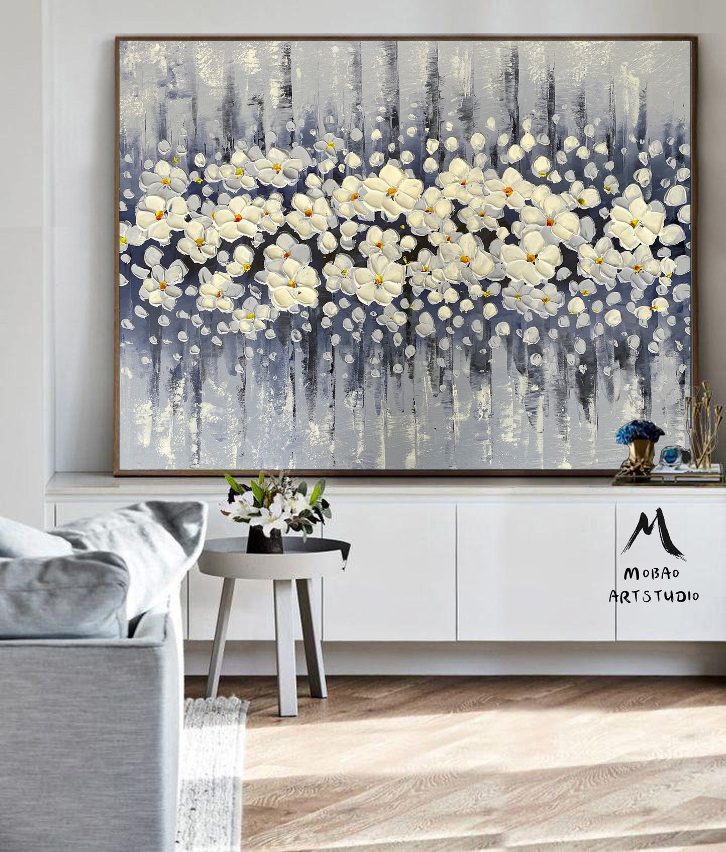 Original White Cherry Flower, Large Wall Art, Palette Knife Painting, Beige Textured Art Painting,Flower Painting On Canvas, Handmade Art