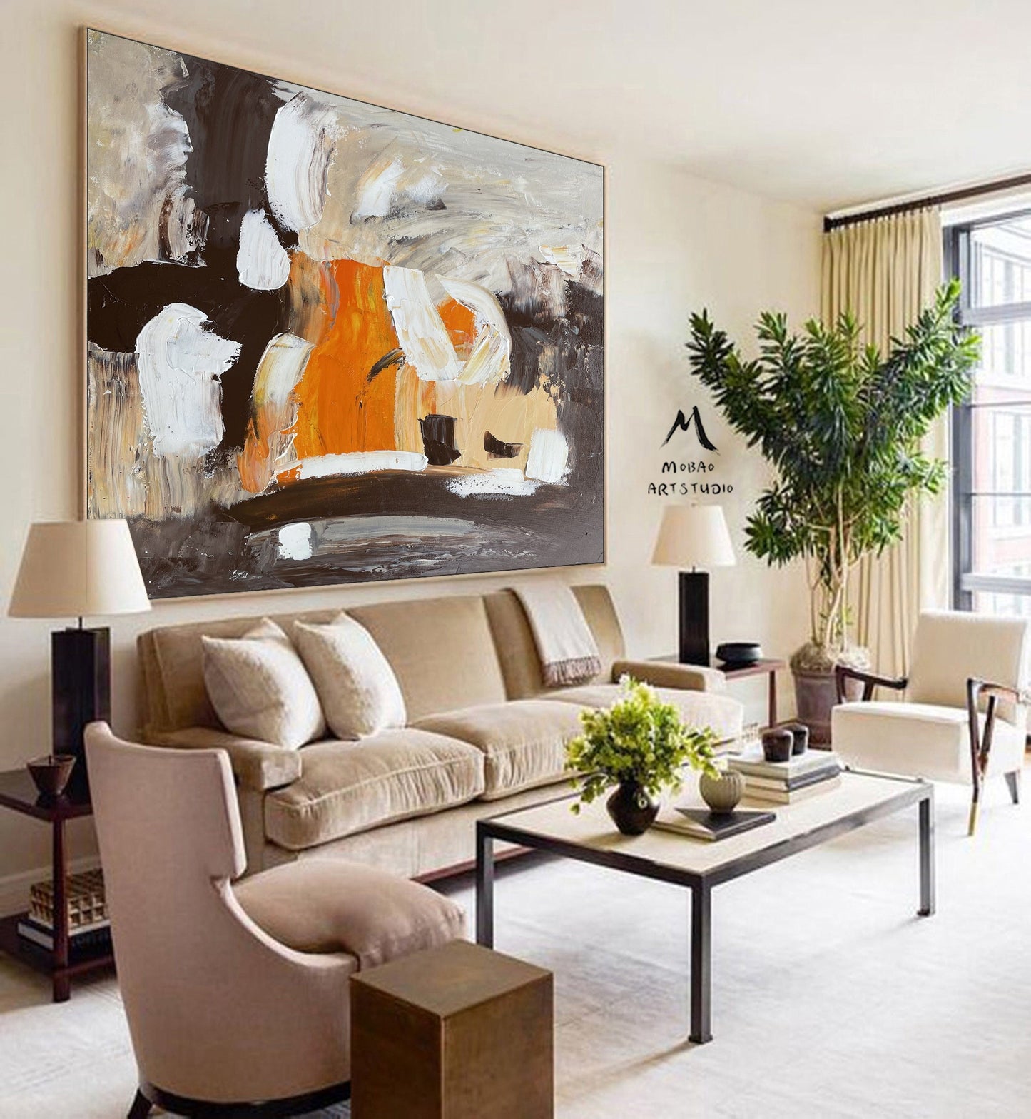 White Textured Wall Art Brown and White Abstract Art Brown and White Painting White Minimalist Painting Wall Art Orange Abstract Painting