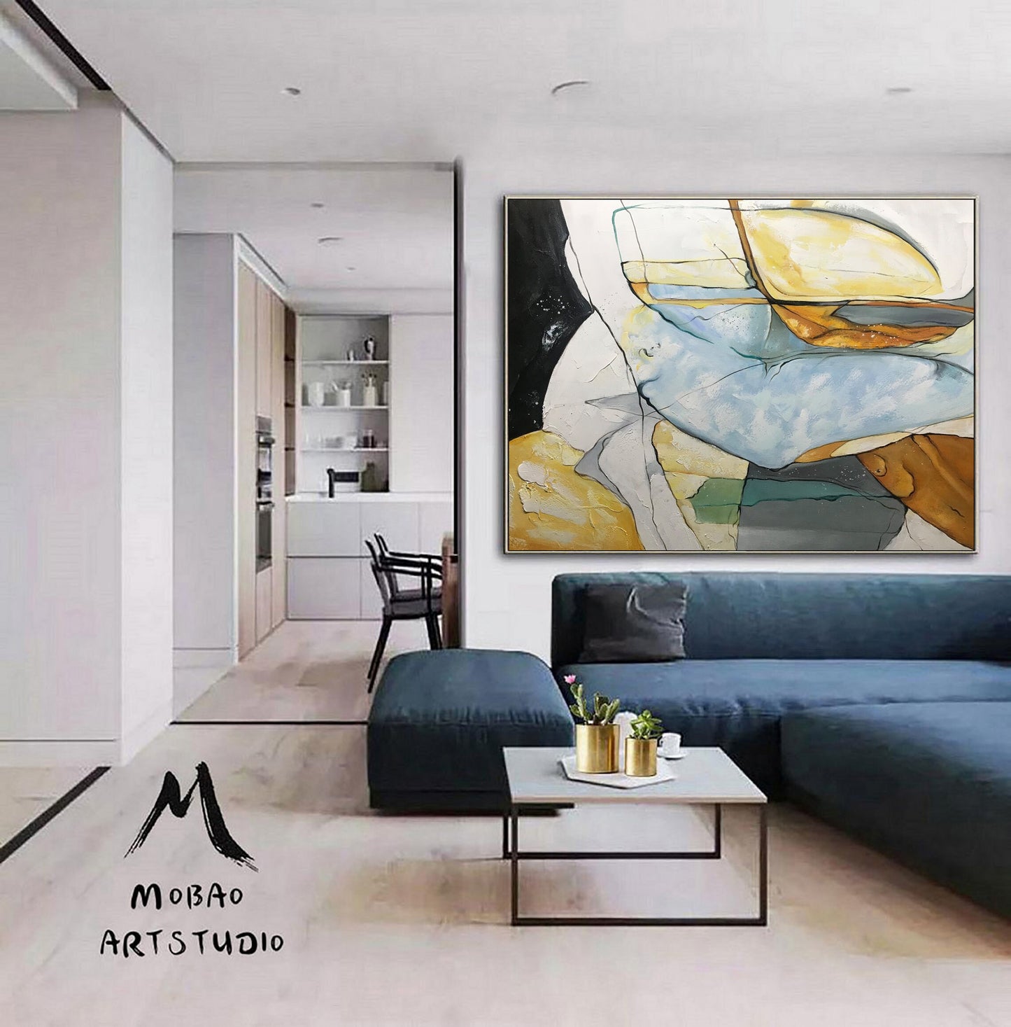 Large Black Painting Minimalist Abstract Painting,Original Glod Painting Blue Painting, Minimalist Abstract Painting,Large Canvas Painting