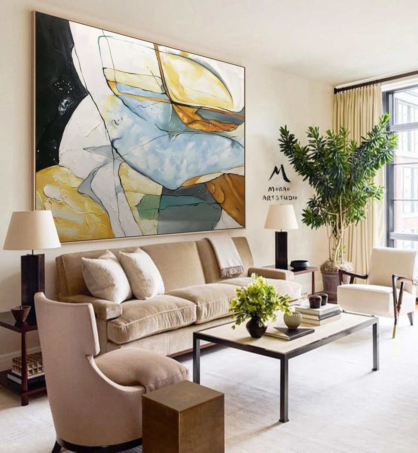 Large Black Painting Minimalist Abstract Painting,Original Glod Painting Blue Painting, Minimalist Abstract Painting,Large Canvas Painting