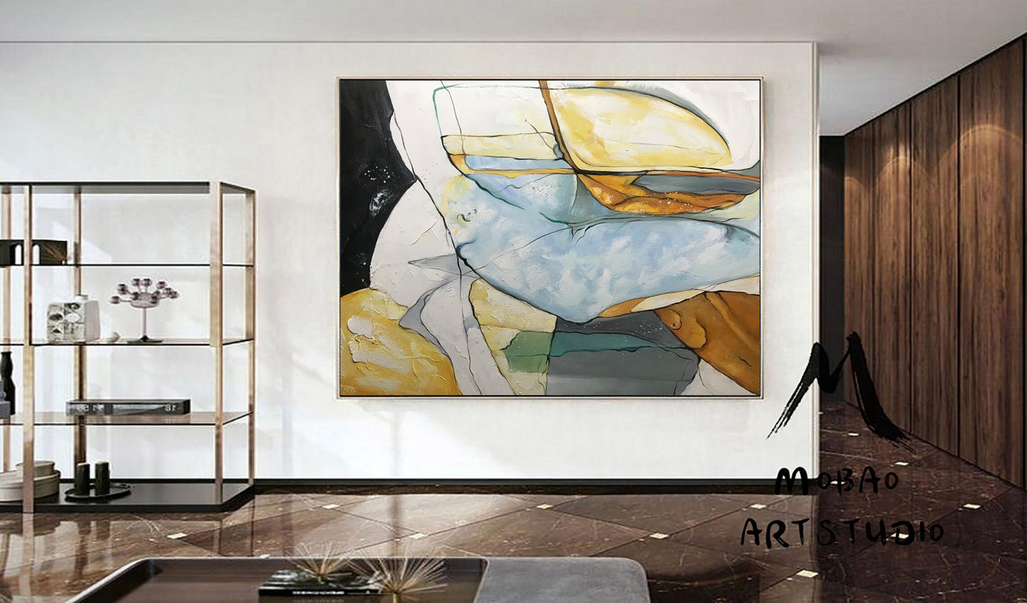 Large Black Painting Minimalist Abstract Painting,Original Glod Painting Blue Painting, Minimalist Abstract Painting,Large Canvas Painting