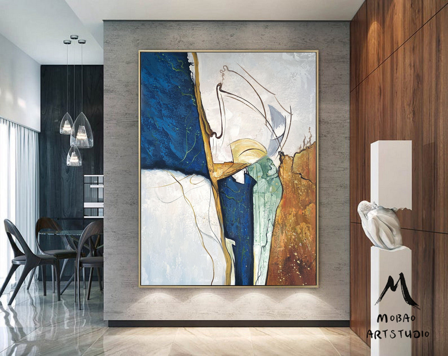 Begie Minimalist Abstract Painting,Original Abstract Painting,Gold Painting Navy Blue Painting,Large Abstract Painting,Large Canvas Painting