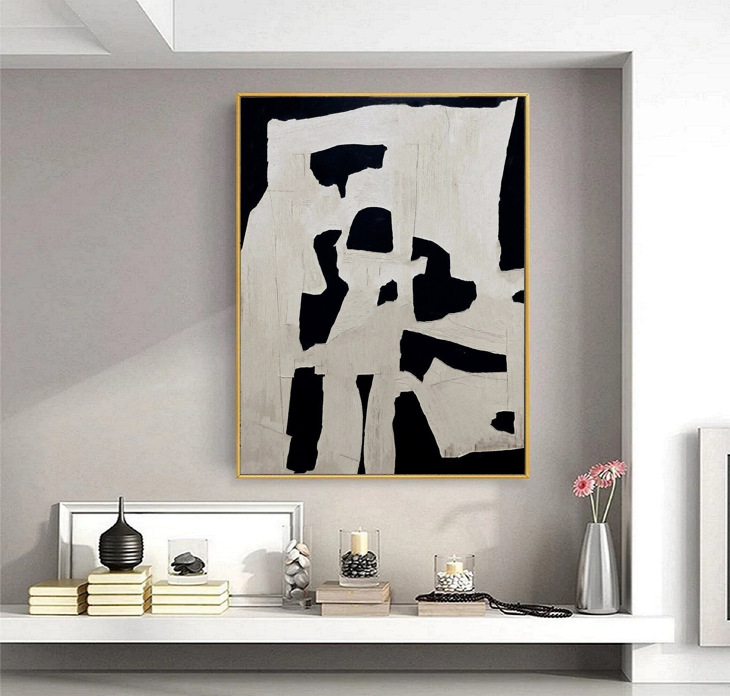 White Abstract Painting Boho Wall Art Black Minimalist Canvas Art White Wabi Sabi Wall Art Rich Textured Canvas Painting Large Neutral Art