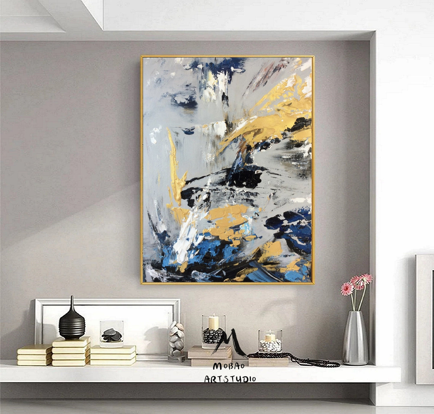 Large Gold Painting Abstract Art, Extra Large Painting On Canvas,Blue Abstract Painting Gray Painting, Contemporary Art Modern Oil Painting